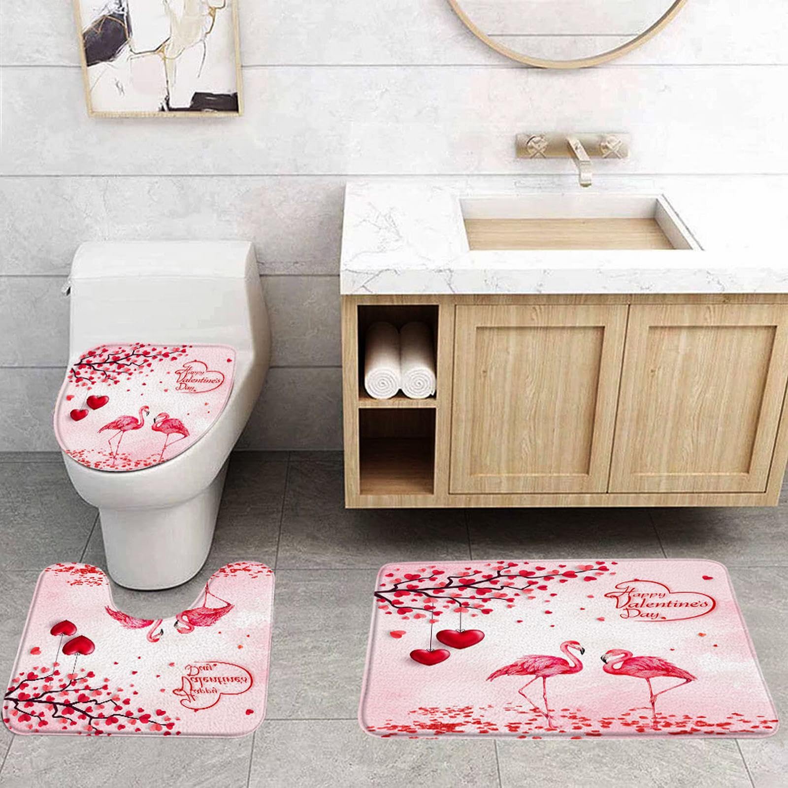 VPUPCN Valentine's Day 3 Pcs Bath Rugs Set,Pink Flamingo Love Heart Tree Romantic Sweet Couple Woman Girls Bathroom Kitchen Rug with 17.8