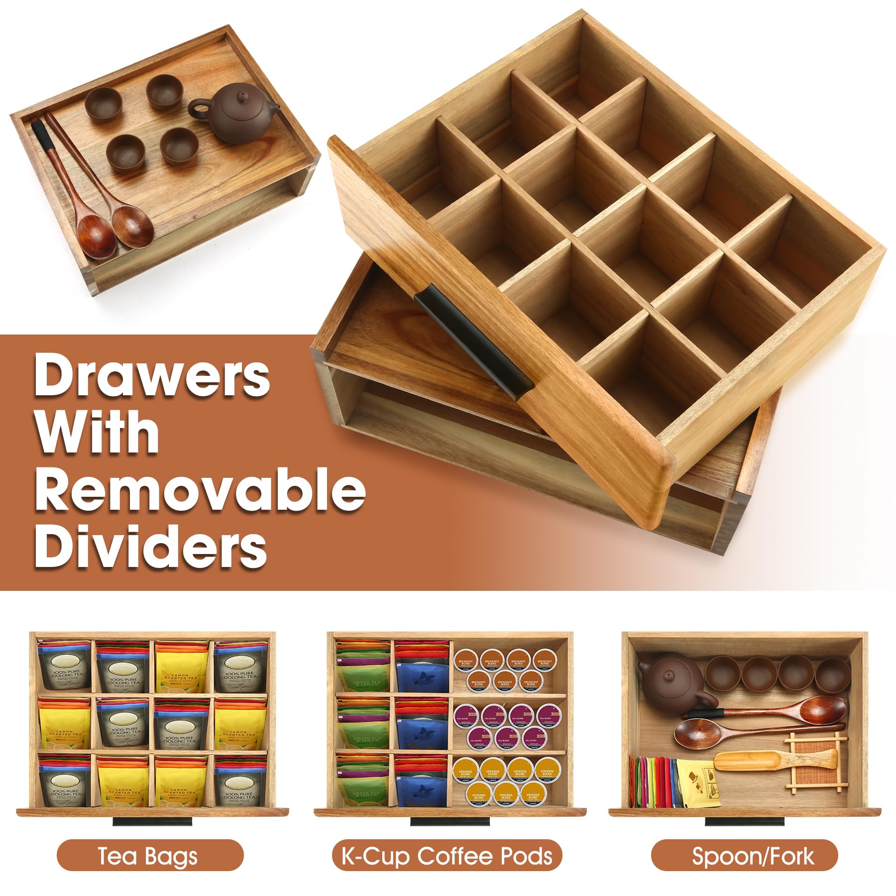Organisateur de sachets de thé en Bois d'acacia - Boîte à thé avec 12 Compartiments, Coffret de Rangement avec tiroir, Accessoires pour thé et Rangement des sachets, Station de thé pour comptoir