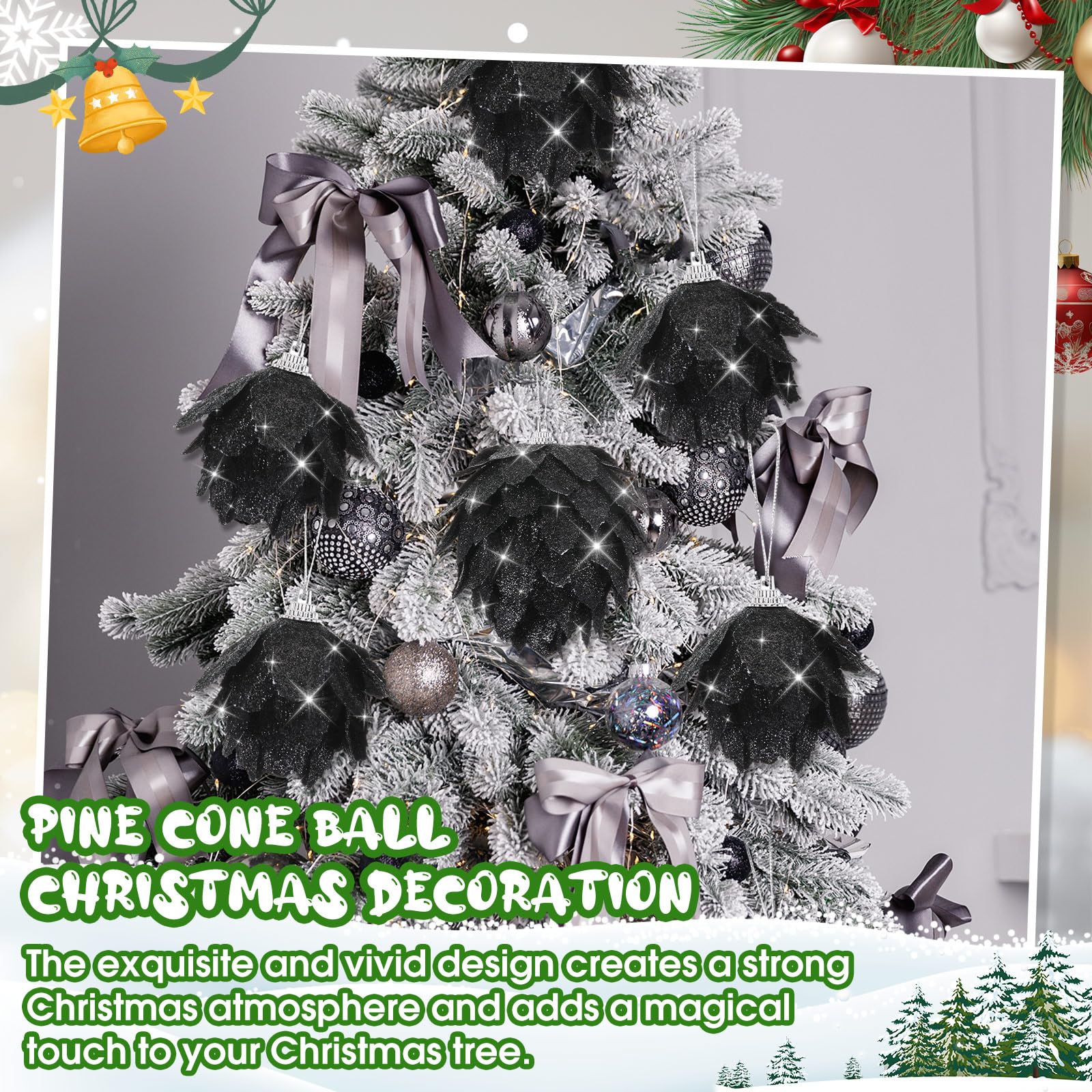 Syhood 12 adornos de bolas de Navidad con purpurina, decoración de árbol de Navidad, bolas de piña colgantes, conos de pino rústicos para Navidad, fiesta de invierno, vacaciones, boda, decoración del