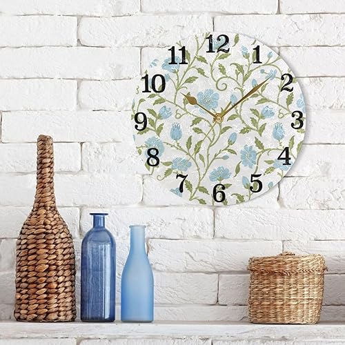 Miniatura 7 de KLL Retro Light Blue Floral Pattern William Morris Style 10 Inch Round Battery Powered Wall Clock noiseless Deco for Home School Living Room reloj
