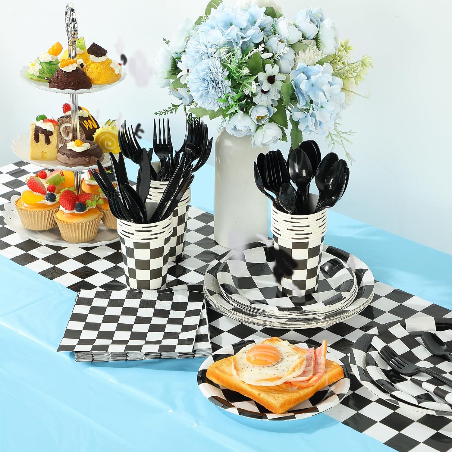 Oudain 162 Pcs Racing Car Birthday Party Supplies Racing Car Tableware Sets for 20 Guests Checkered Race Themed Rectangular Tablecloth Plates Cups Folks for Christmas Birthday Party Decor(Light Blue)