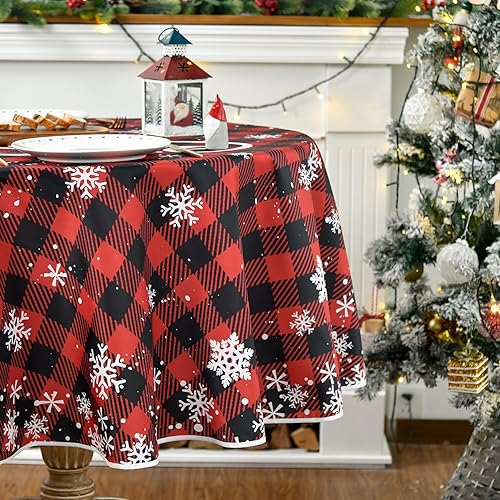 Miniatura 2 de Horaldaily Mantel de Navidad redondo de 70 x 70 pulgadas, diseño de búfalo rojo de nieve, lavable, para fiesta, picnic, cena, decoración
