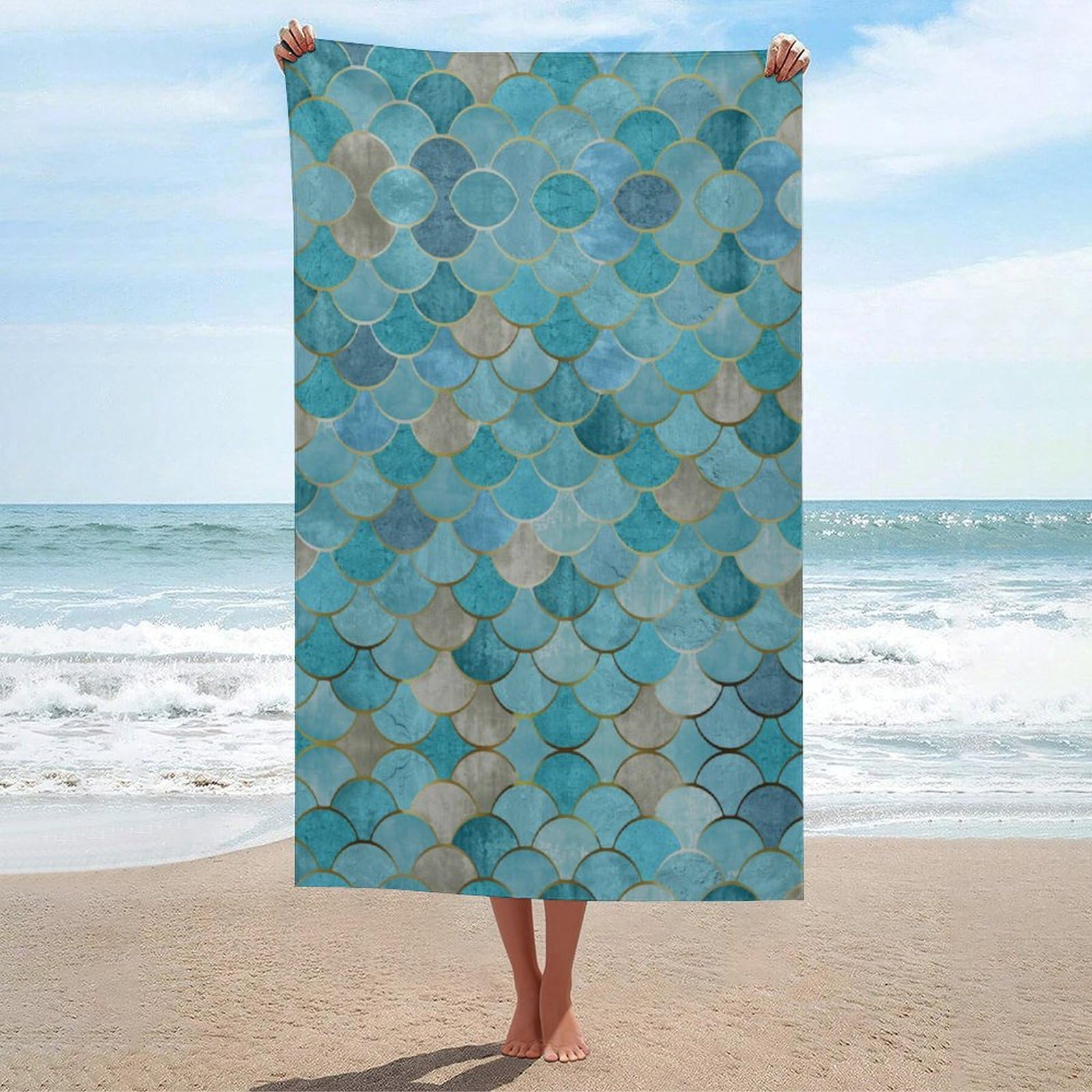 LEDFCVSU Beach Towel, Gold Mermaid Scale Bath Towel, Absorbent Towel for Swimming, Sports, Travel