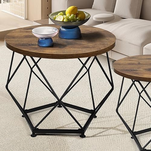 Miniatura 8 de Mesa auxiliar pequeña, juego de 2 mesas auxiliares redondas con mesa de madera y marco de metal, mesa auxiliar moderna, mesas auxiliares para sala