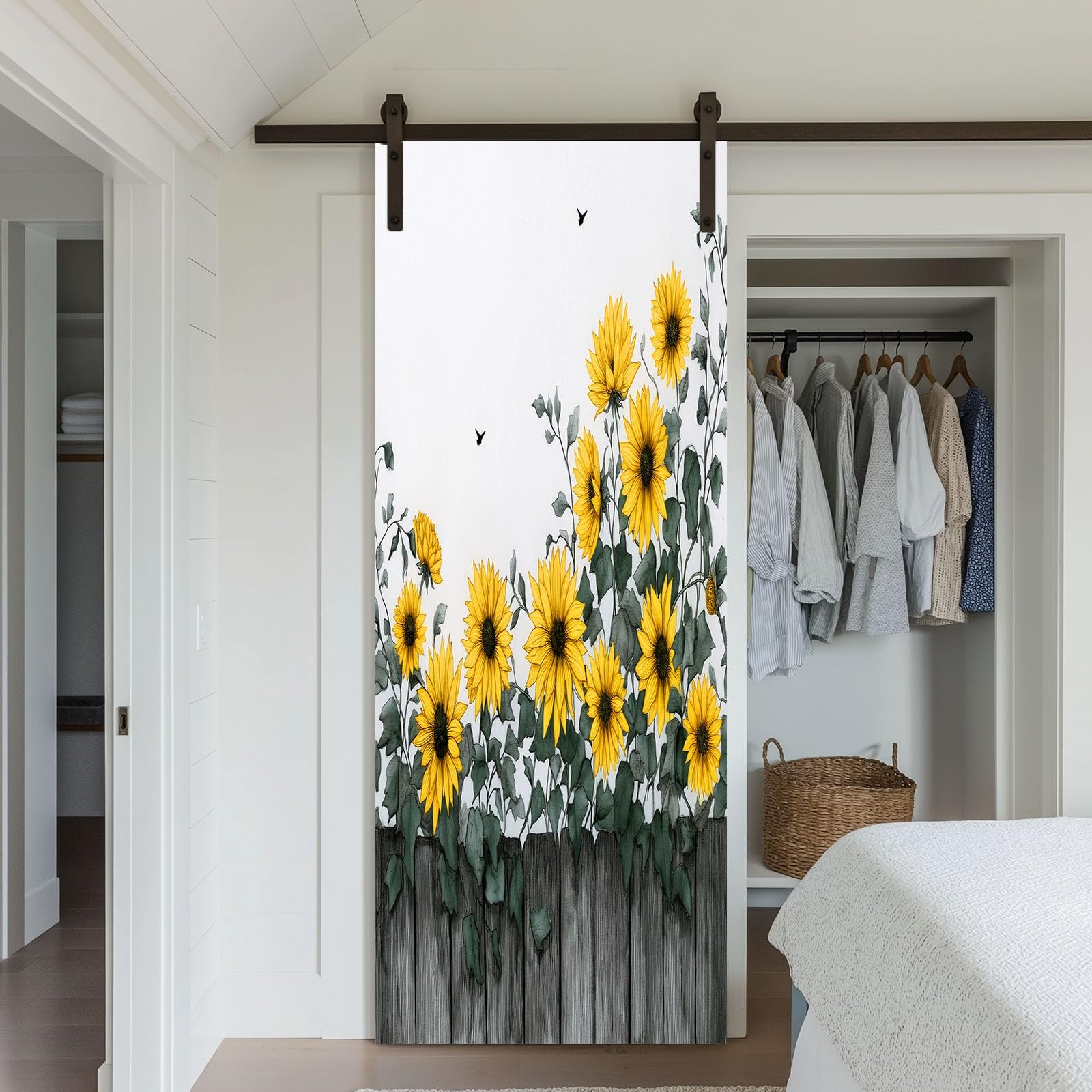Naklejka na drzwi w stylu akwarelowym, na płot drewniany, kwiaty, słoneczniki, tapeta na drzwi dla dzieci, do sypialni, 95 x 215 cm (szer. x wys.), naklejka na ścianę, fototapeta, dekoracja pokoju dla