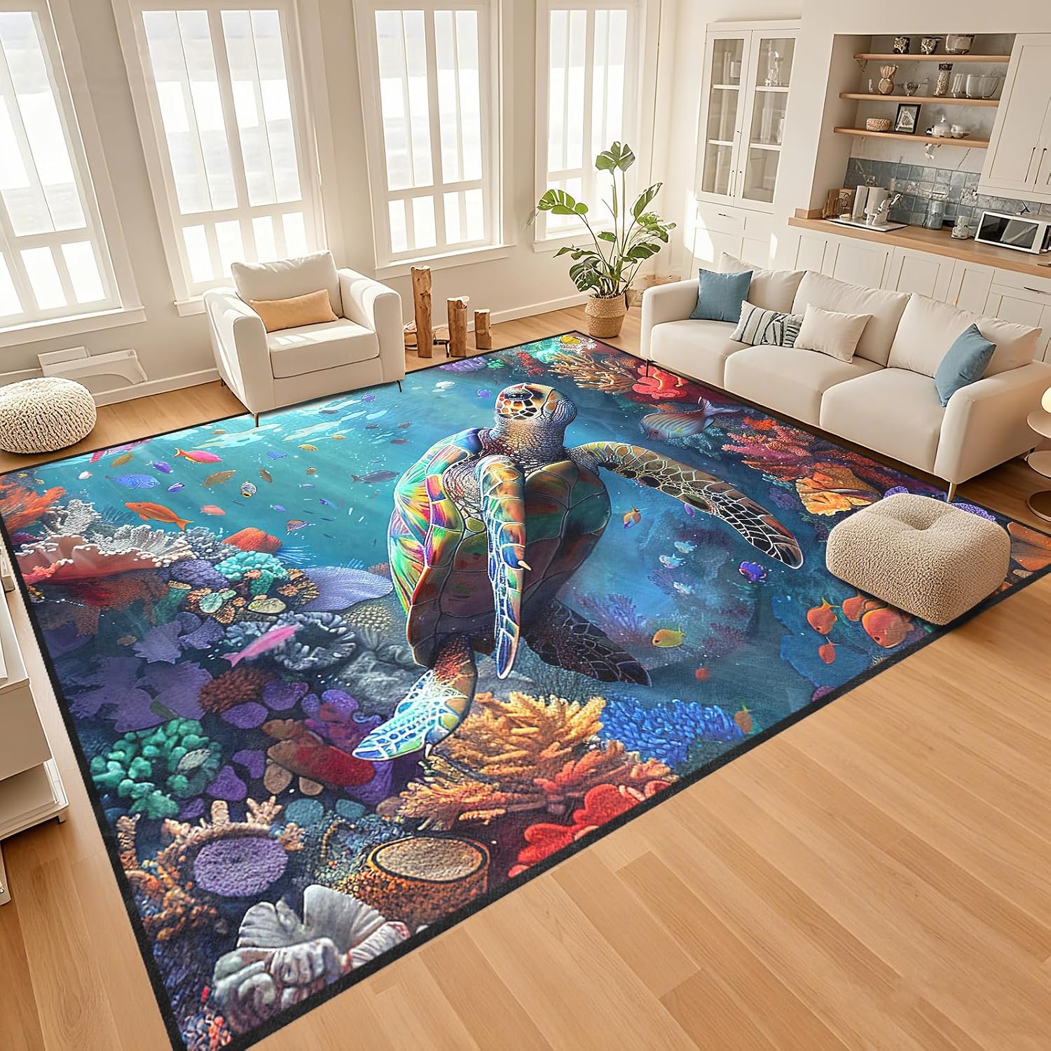 9x12 Feet Sea Turtle Rugs for Bedroom - Sea Turtle Rug Ocean Theme Turtle Carpet for Bedroom Colorful Coral Printted Carpet for Kids Room Underwater Ocean Theme Decor