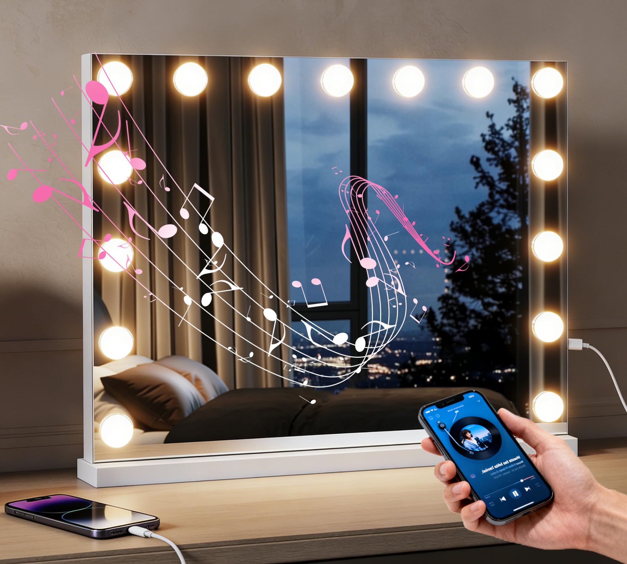 Hollywood Schminkspiegel mit Licht, Dreifarbiges Licht, Einstellbare Helligkeit, 58 x 45, Smart Touch Schalter und Memory Funktion, Mit Bluetooth
