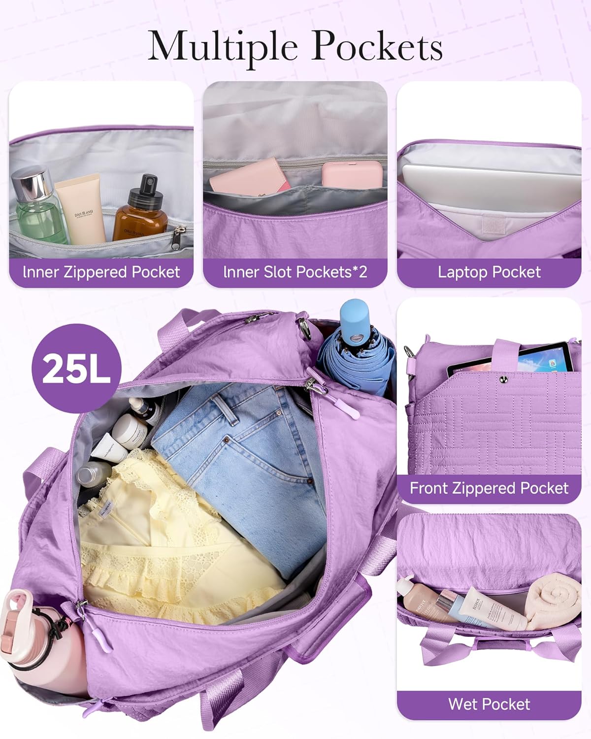 Travel Duffle Bag for Women, Personal Item Carry On Bag for Airplane, Lightweight Weekender Overnight Bag with Large Wet Pocket & Laptop Compartment, Gym Tote for Sport, Trip, Work (Purple)