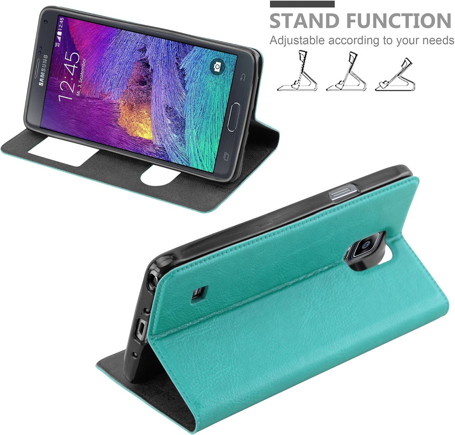 Book Case Compatible with Samsung Galaxy Note 4 in Mint Turquoise - with Magnetic Closure, 2 Viewing Windows and Stand Function - Wallet Etui Cover Pouch PU Leather Flip
