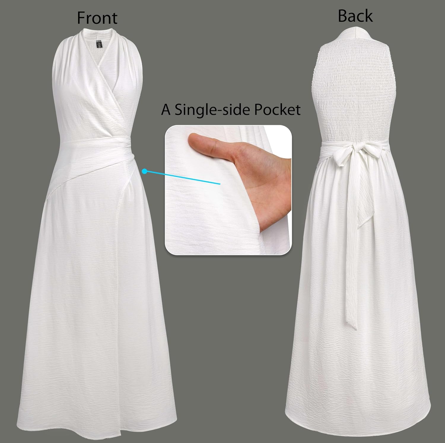 VFSHOW Womens Elegant Cocktail Wedding Guest Long Dress 2026 Smocked V Neck Sleeveless Pocket Tie Waist A Line Dress