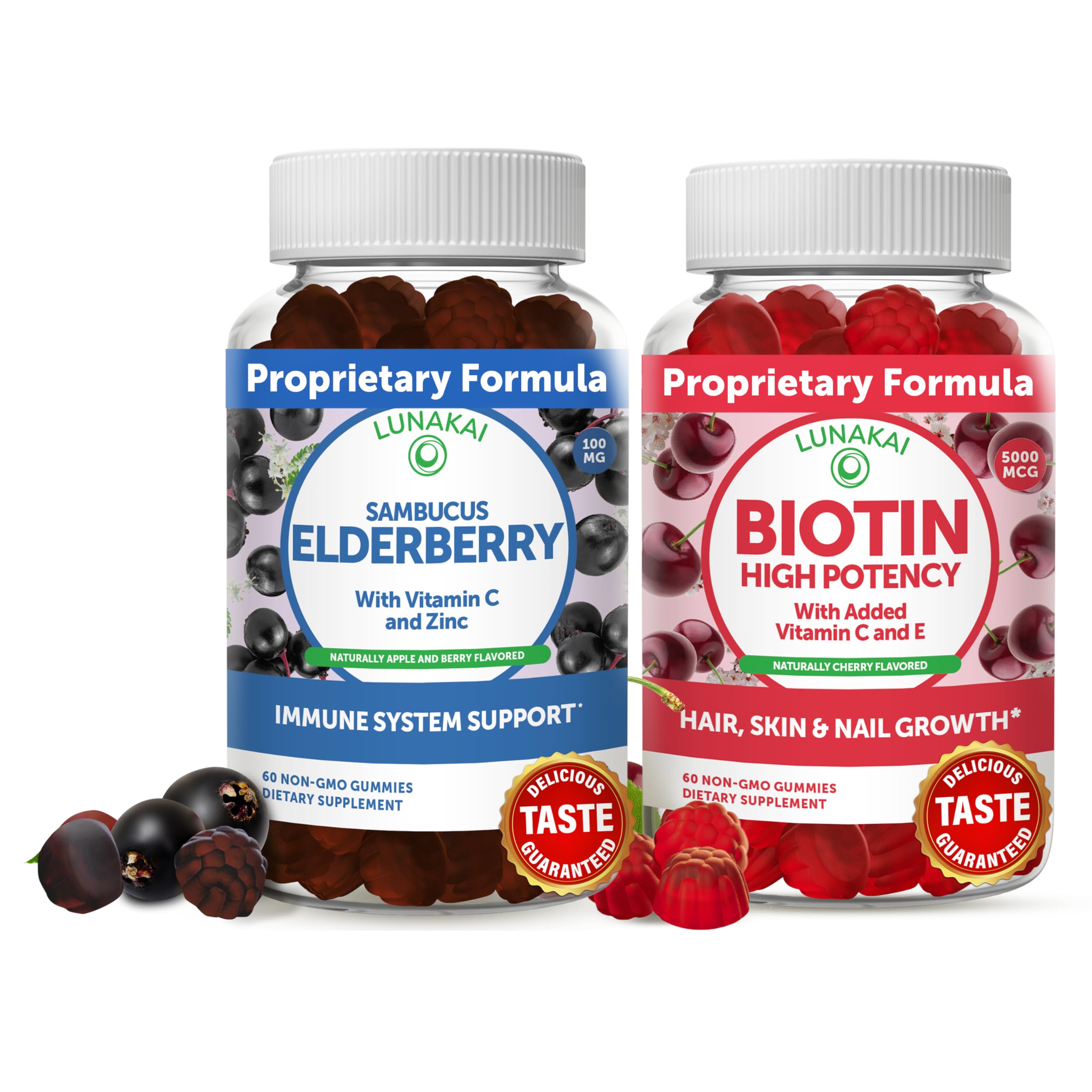 Lunakai Biotin & Elderberry Gummies Bundle - Gummy for Hair Growth, Skin Glow and Stronger Nails with Vitamin C and E - Immune Support Supplement for Adults and Kids