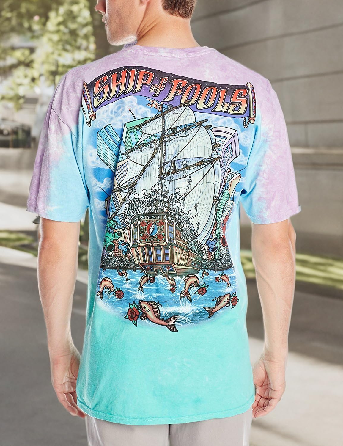 Liquid Blue Grateful Dead Ship of Fools Tie Dye Short Sleeve T-Shirt T-Shirt Uomo