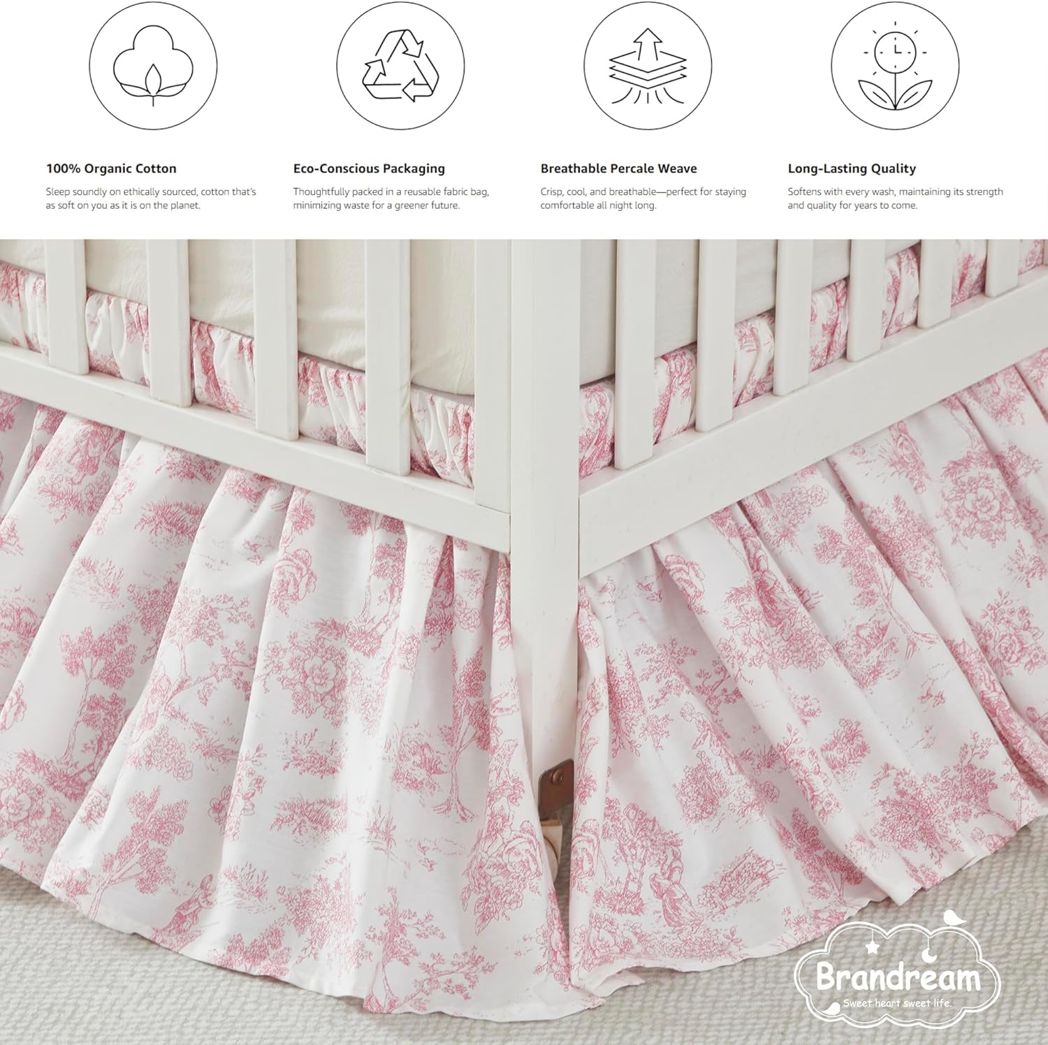 Brandream French Country Toile Cotton Crib Skirt Toddler Bedskirt Dust Ruffle Baby Nursery Crib Bed Skirt Boho Bohemian Vintage Pink Floral Print Farmhouse Chic Ruffles Skirt