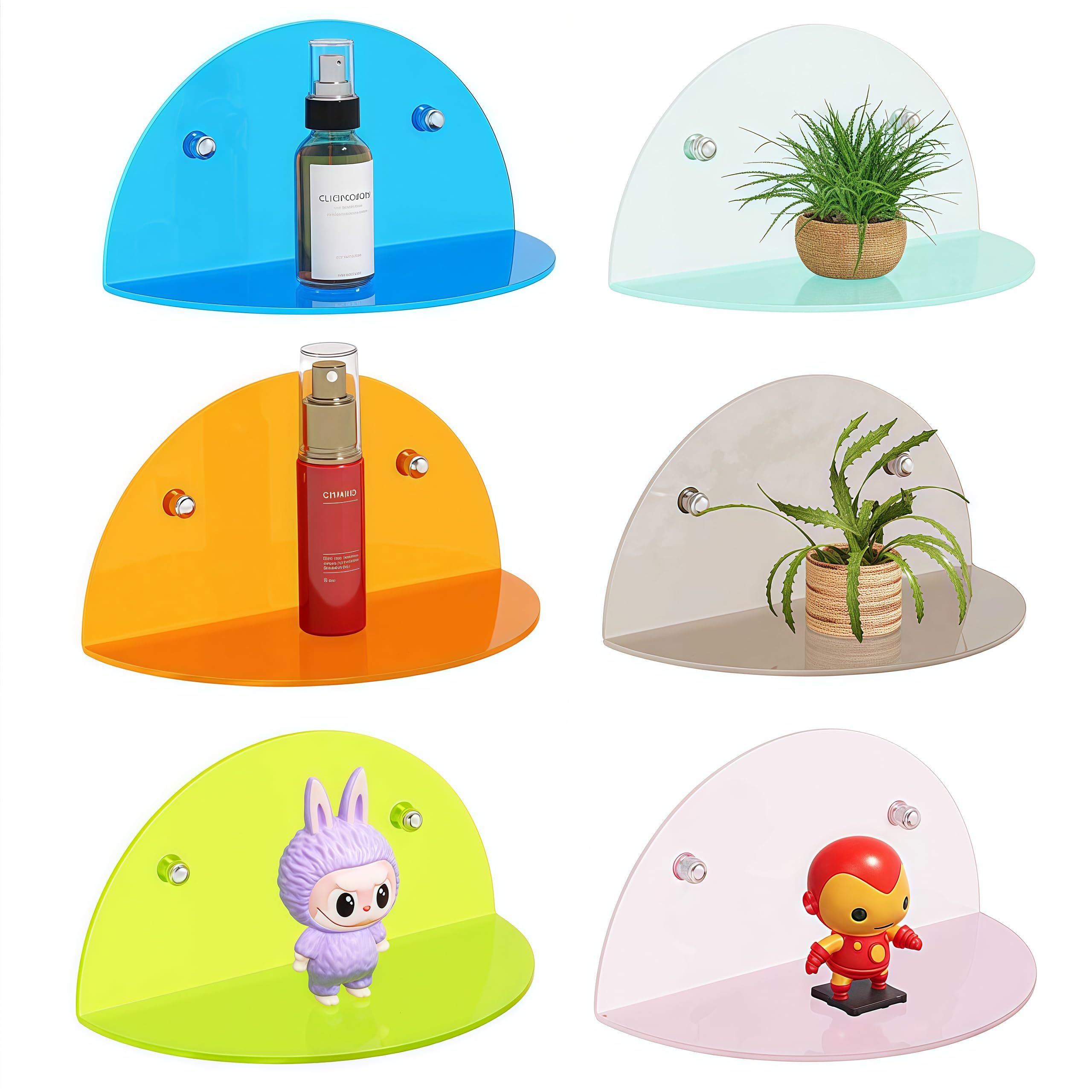 ZWCIBN 6 Pack Small Wall Shelf, Colorful Acrylic Shelves for Wall Mounting, No Drilling Floating Shelf for Home Décor and Office, Display Ledges