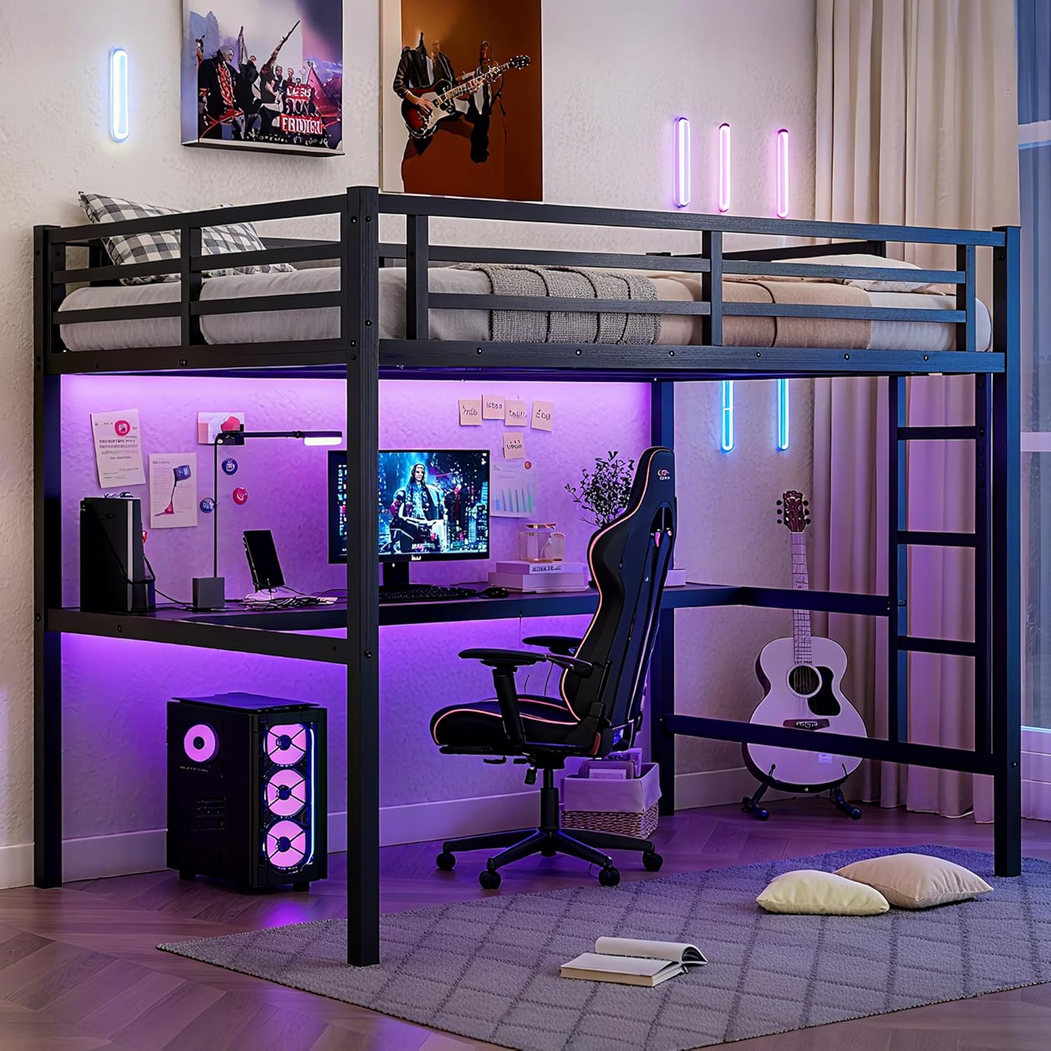 Bellemave Full Size Loft Bed with Desk, Metal Full Loft Bed Frame with Built-in Ladder, LED Loft Beds with Charging Station & Safety Guardrails for Kids, Teens, Adults, Black