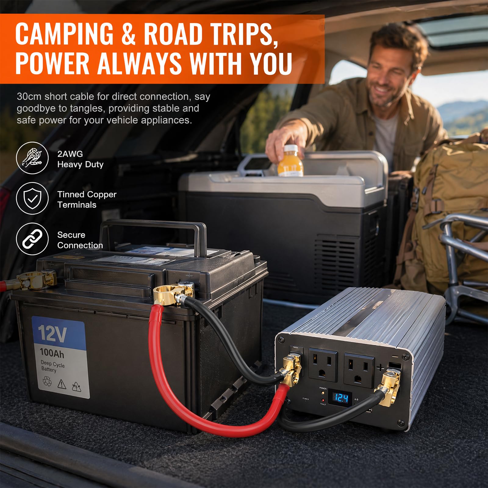 2 cavi inverter per batteria, 4 AWG, 30 cm, in rame puro, con morsetti per batteria, rosso e nero, cavo batteria da 12 V-24 V, per auto, camion, moto, camper, solare, marine, inverter