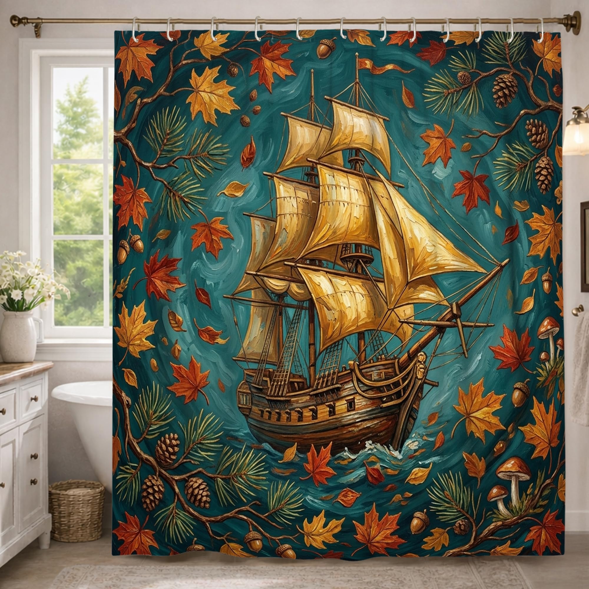 Rideau de douche extra long en toile imperméable motif automne chic 183x243cm