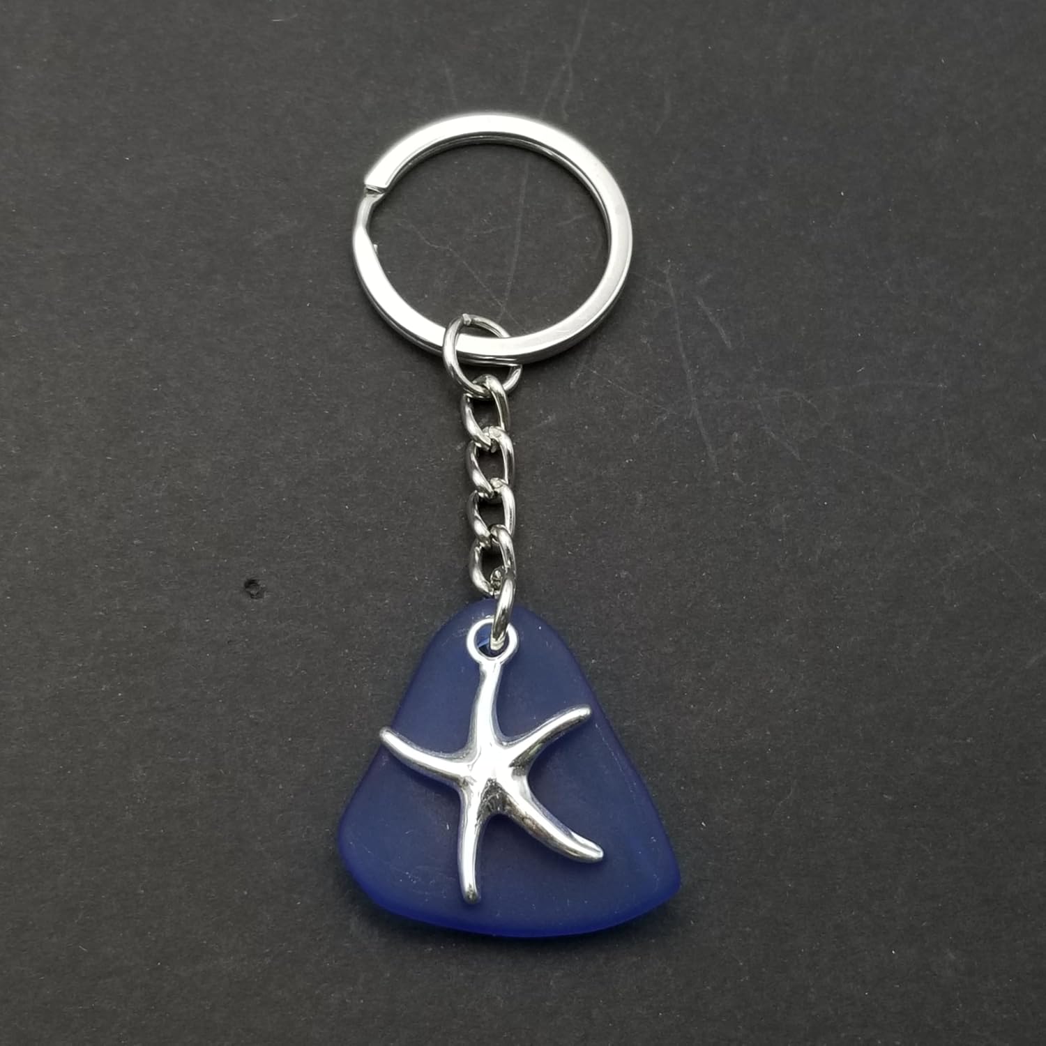 Sea Glass Jewelry, Hawaii Cobalt Sea Glass Keychain Gift, Unisex Gfit for Men or Women, Unique Gift with Starfish Charm from Hawaii and the Ocean, September Birthstone