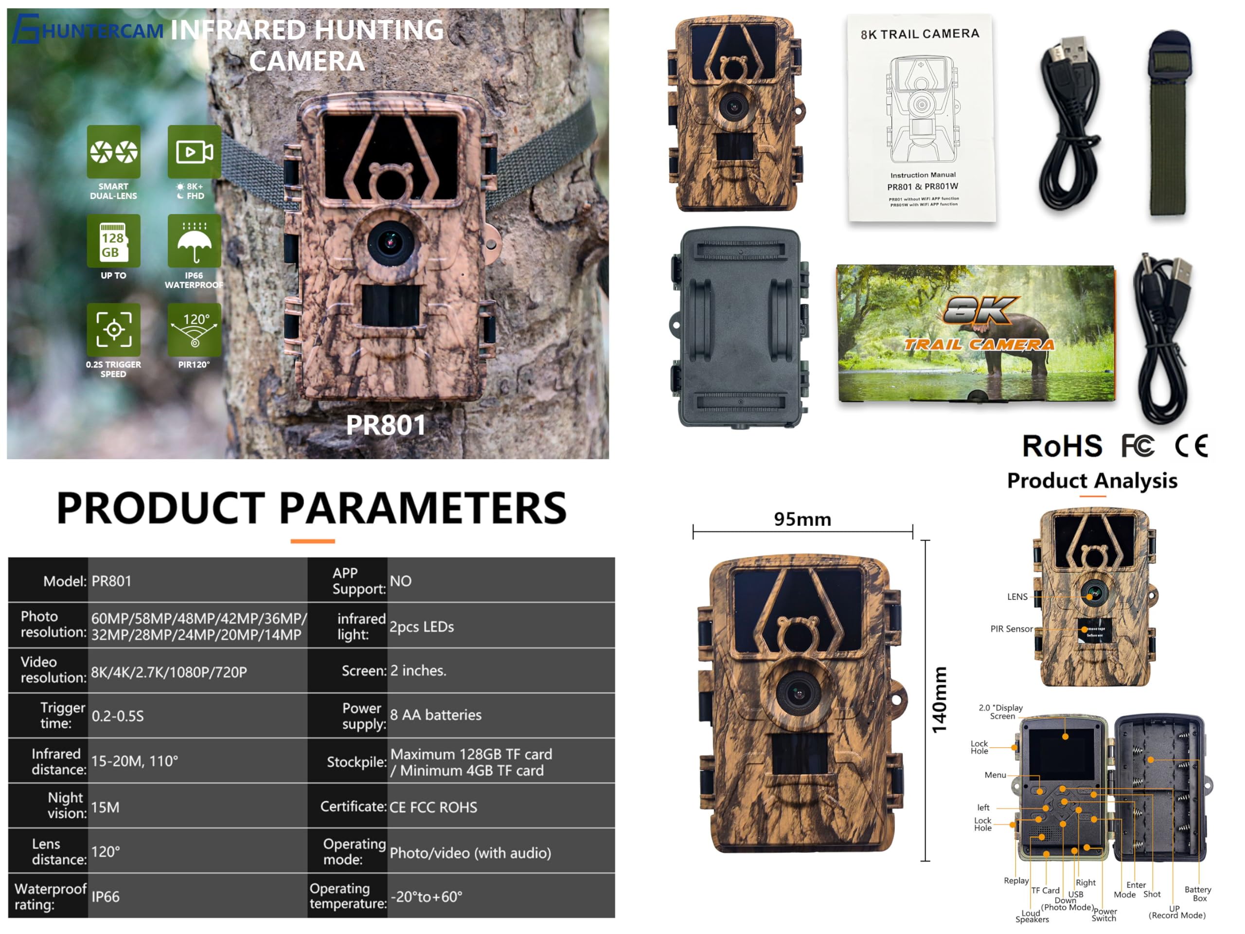 Caméra de Chasse 8K 60MP Full HD Camera Chasse avec Carte SD 32GB Nocturne Activé par Le Mouvement Infrarouge Surveillance Exterieur Grand Angle 120° Distance de Déclenchement 20m IP66 Étanche