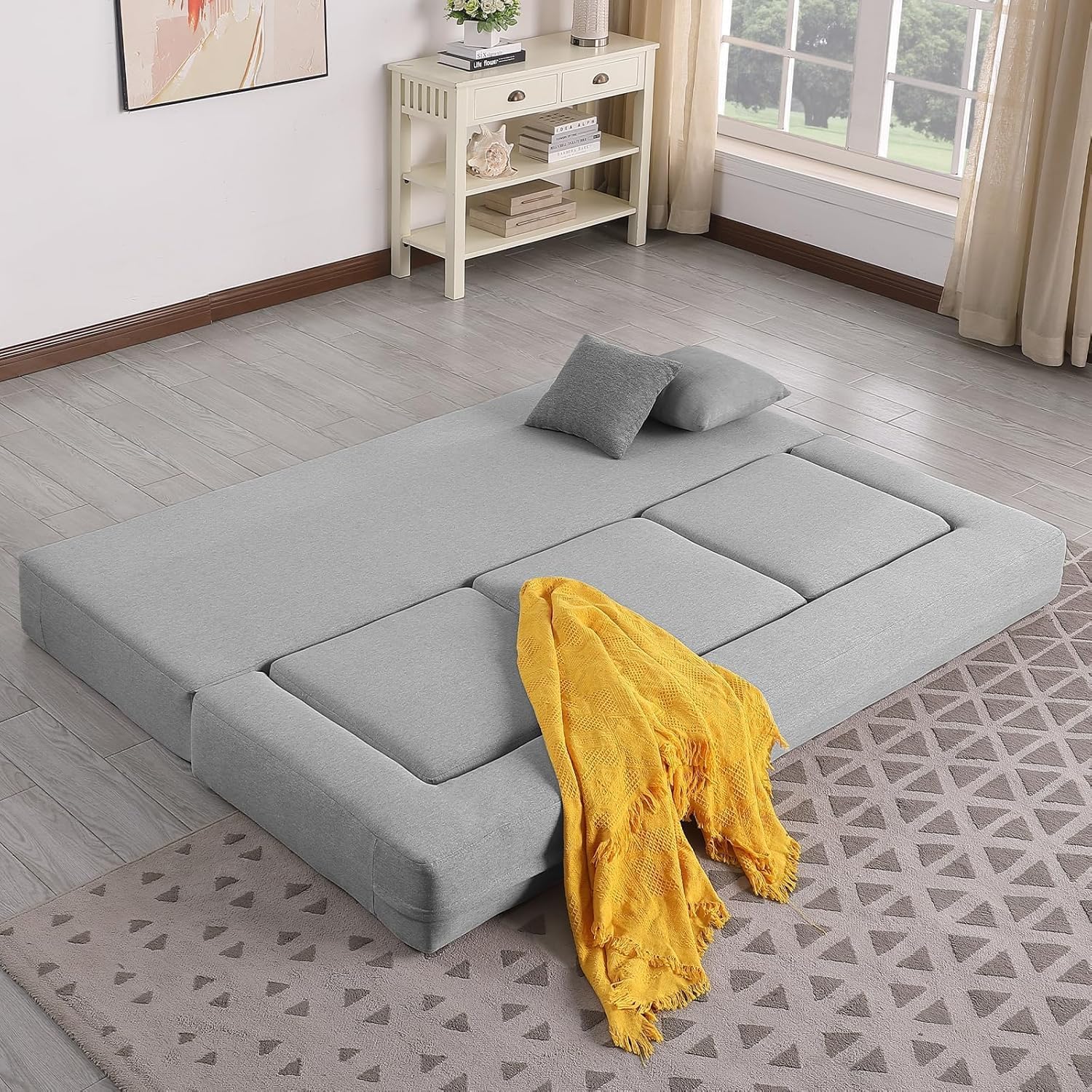 Convertible Floor Sofa Bed with 3 Ottomans, Memory Foam Fold Out Sleeper, Folding Mattress Futon for Living Room/Bedroom/Studio - Light Grey