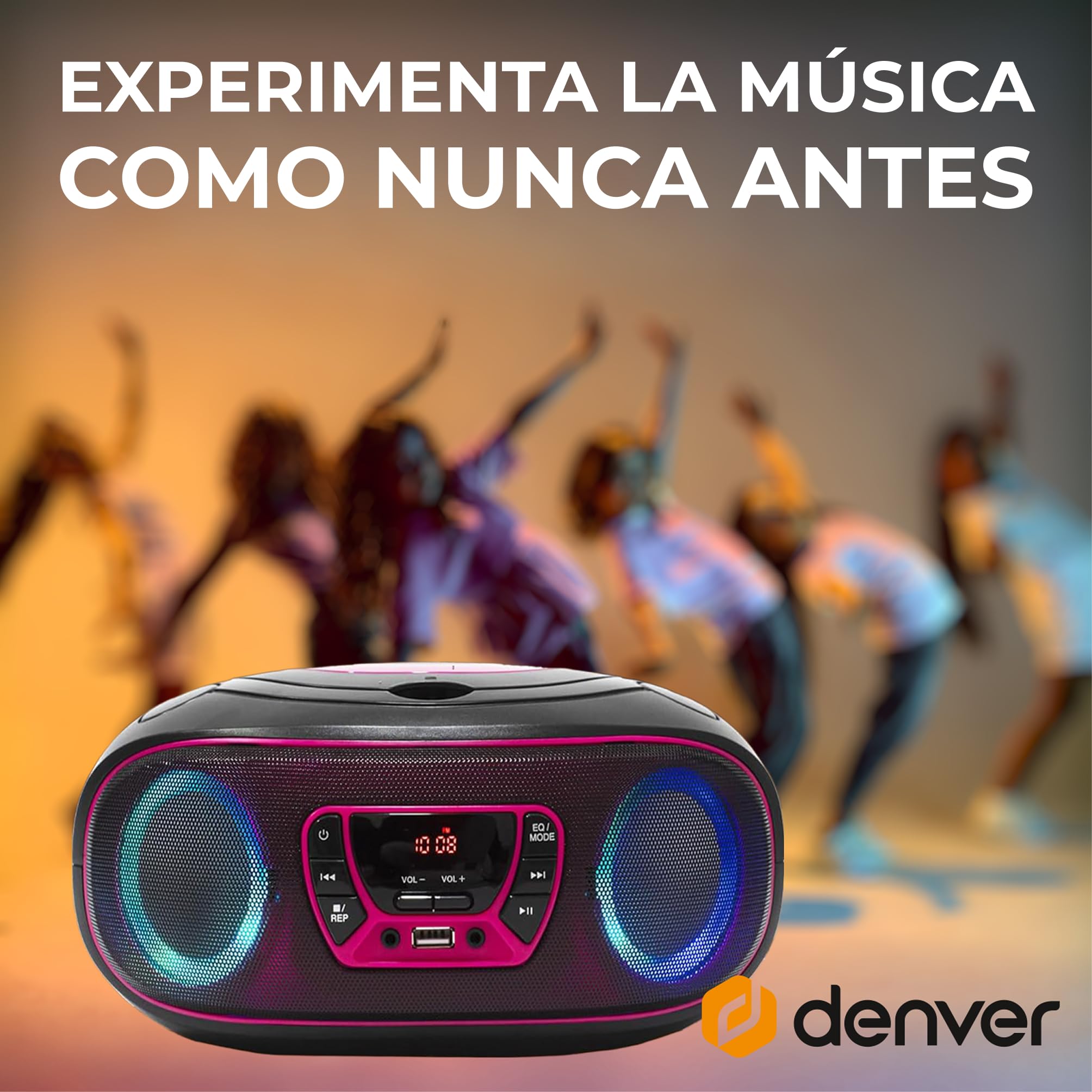 Denver TCL-212BT Boombox CD Bluetooth, Radio FM, USB MP3, AUX, Toma de Auriculares, Altavoces estéreo, Rosa