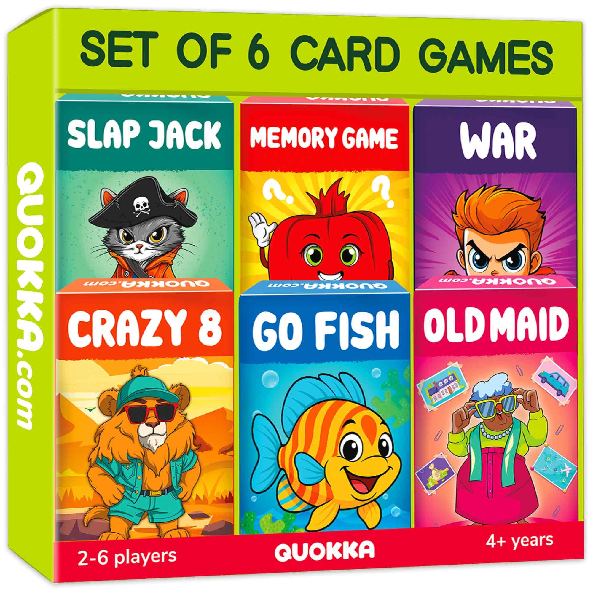 QUOKKA Card Games for Kids Ages 4–8-6 PACK - Crazy 8 - Go Fish, Old Maid, War, Slap Jack, Memory Match – Fun Family Games Playing Cards for Kids, Easy to Learn, Educational & Travel-Friendly Gift