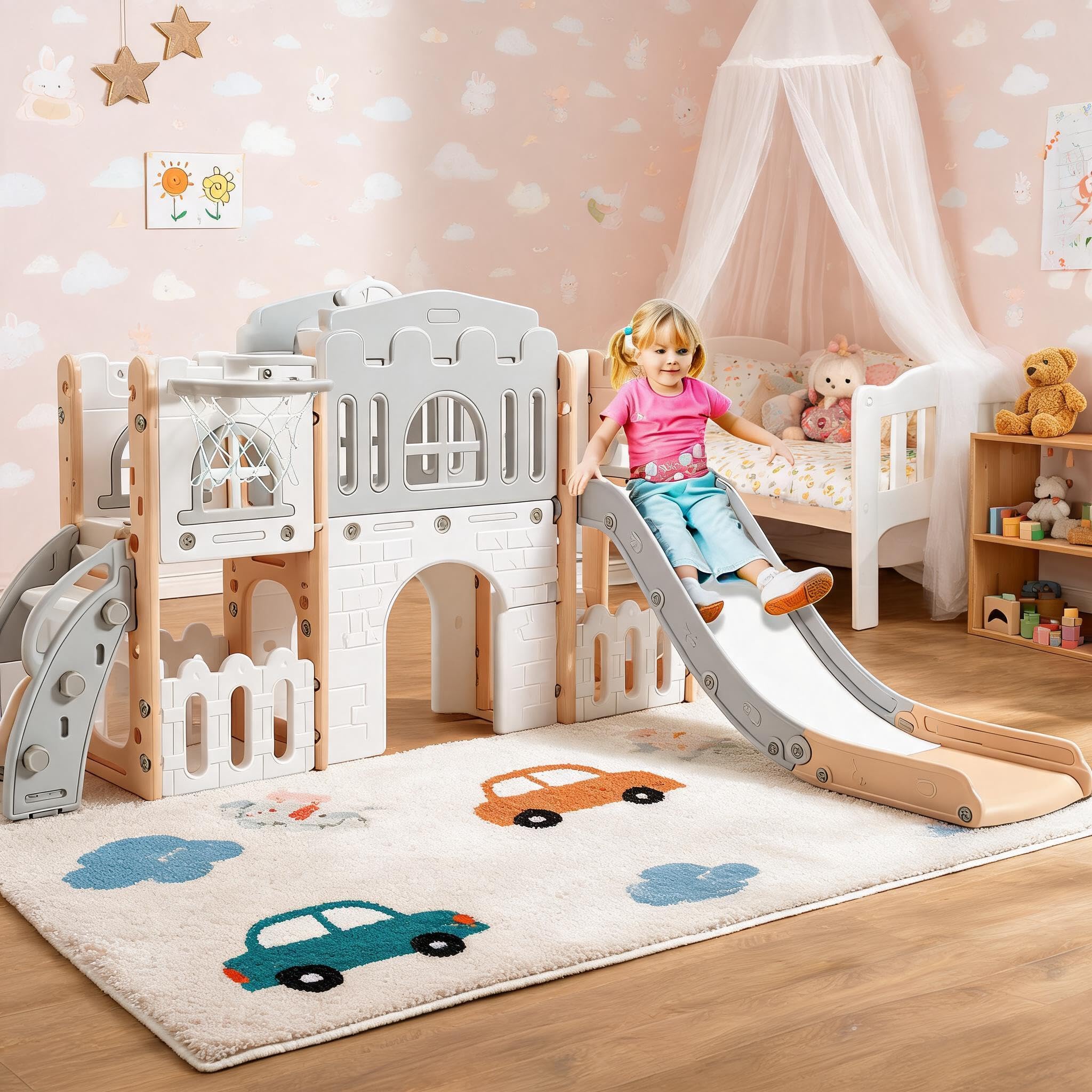 Toboggan 8 en 1 Enfant Extérieur Intérieur Aire De Jeux Évolutif Bébé 1-3 Ans，avec Espace De Cache-Cache, Échelle d'escalade Panier De Basket, Télescope Tunnel De Jeu Ensemble De Jeux Ludique