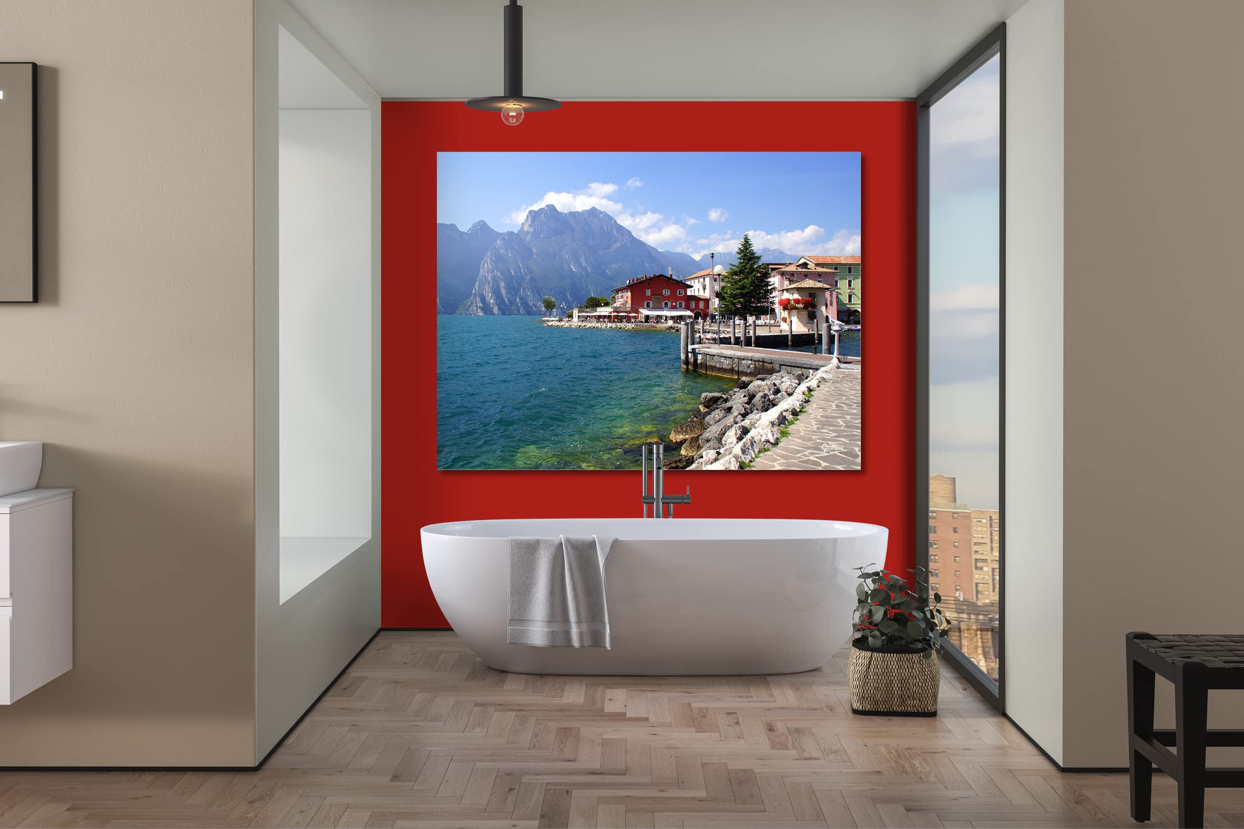 Glücksvilla - Gardasee Torbole (Acrylglas-Bild 5 mm, 40 x 30 cm) aus DE - Kunstdruck XXL Deko-Wandbild quer - See Italien Berge Boje Steg Tirol Riva