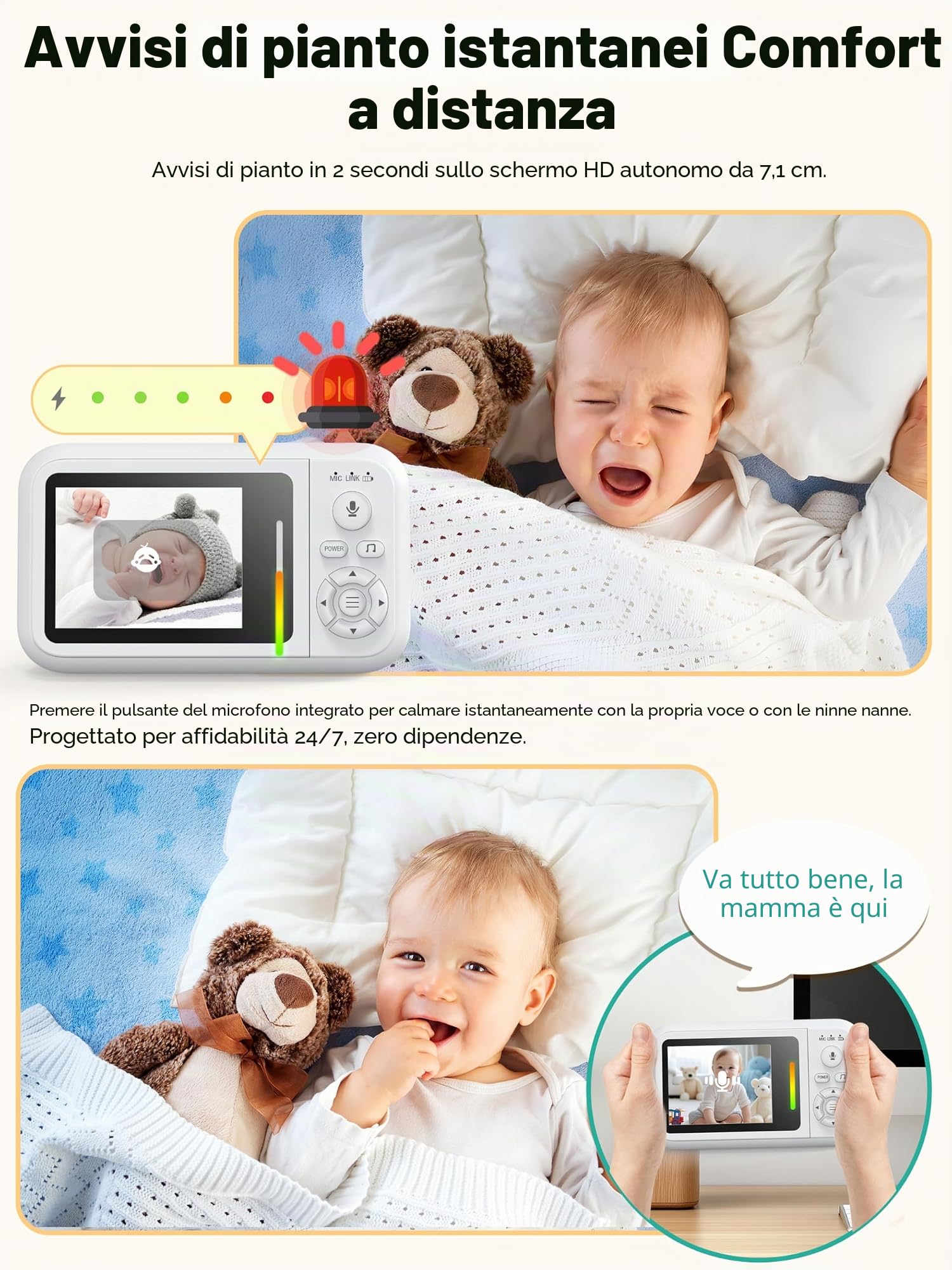 Babyphone Camera con Clip e Supporto per Letto, 1080P Camera Bebe Monitoraggio senza WiFi, Visione Notturna, Audio Bidirezionale, Rilevamento Pianto, Scheda 32G, Facile da installare, Regalo Nascita