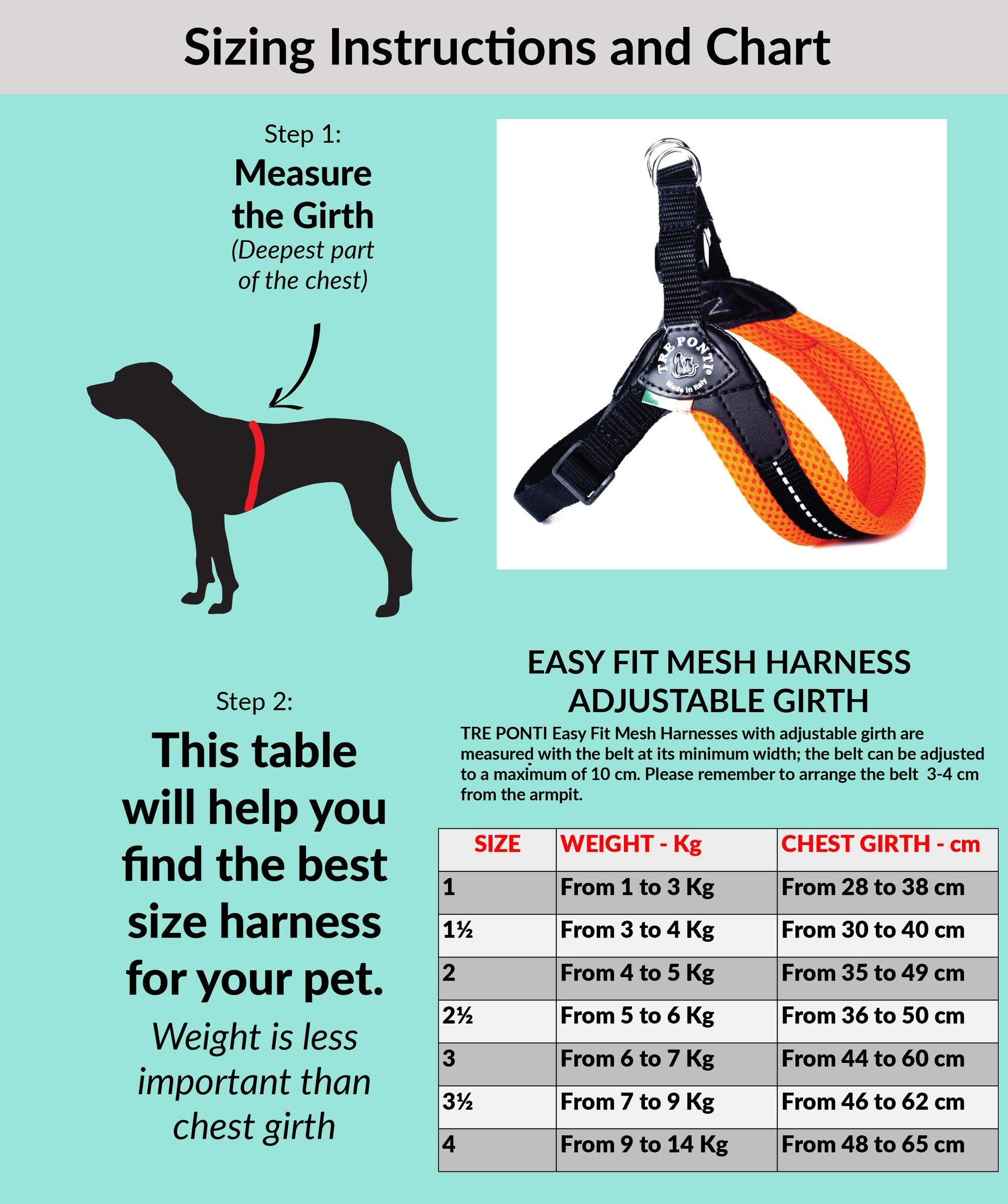 Tre Ponti - Pettorina per cani facile da montare, regolabile, ipoallergenica, traspirante, con fascia riflettente in rete, colore: azzurro cielo