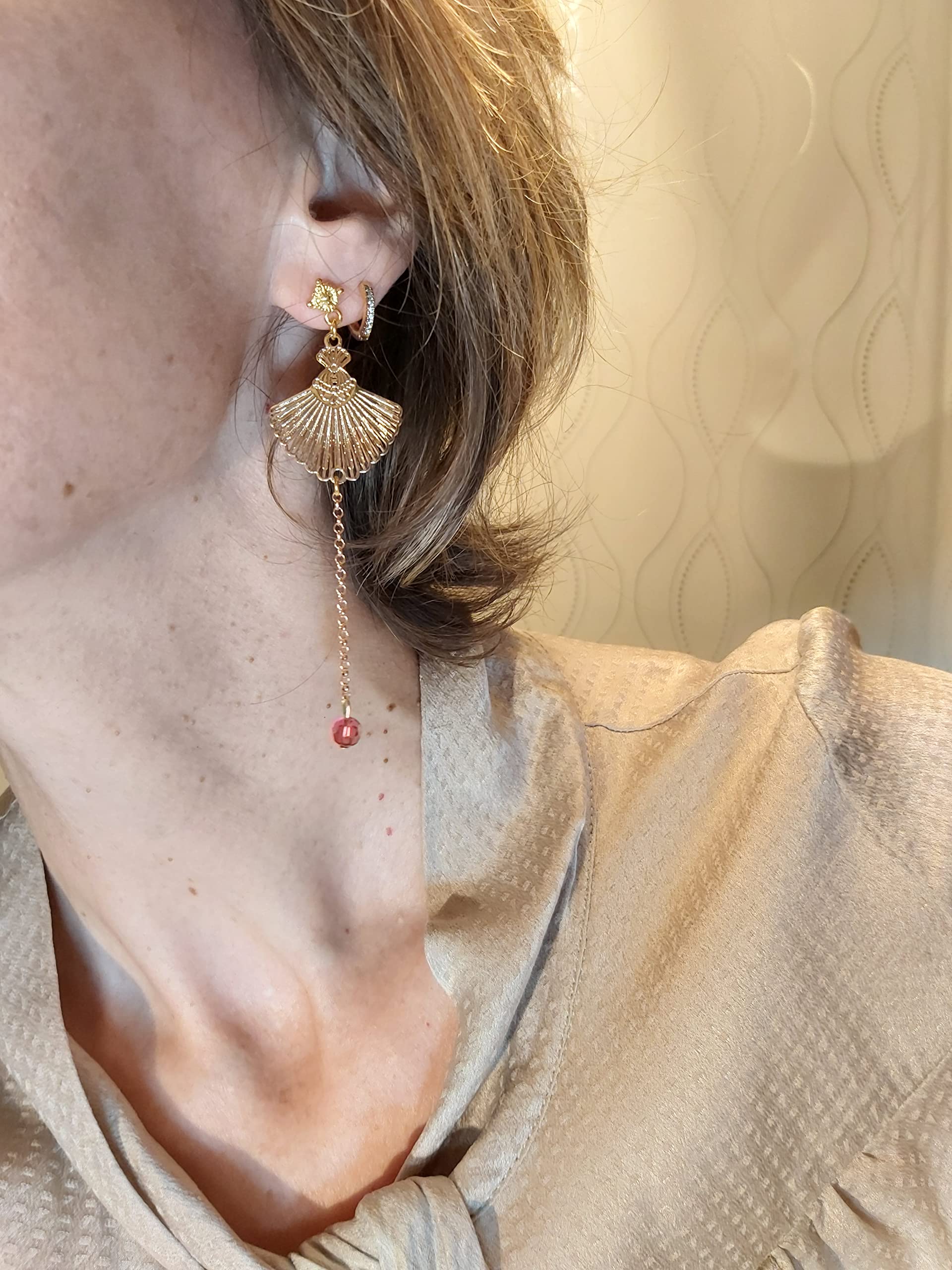 Pendientes de abanico con cuentas de cadena de oro rosa retro