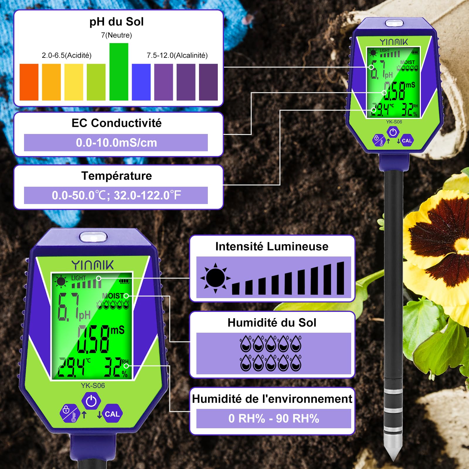 YINMIK Testeur de pH du Sol 6 en 1, Testeur D'humidité du Sol Intelligent, pH EC Salt Tester for Soil & Water Meter,kit de Test de pH du Sol pour Jardin, Ferme, bonsaï