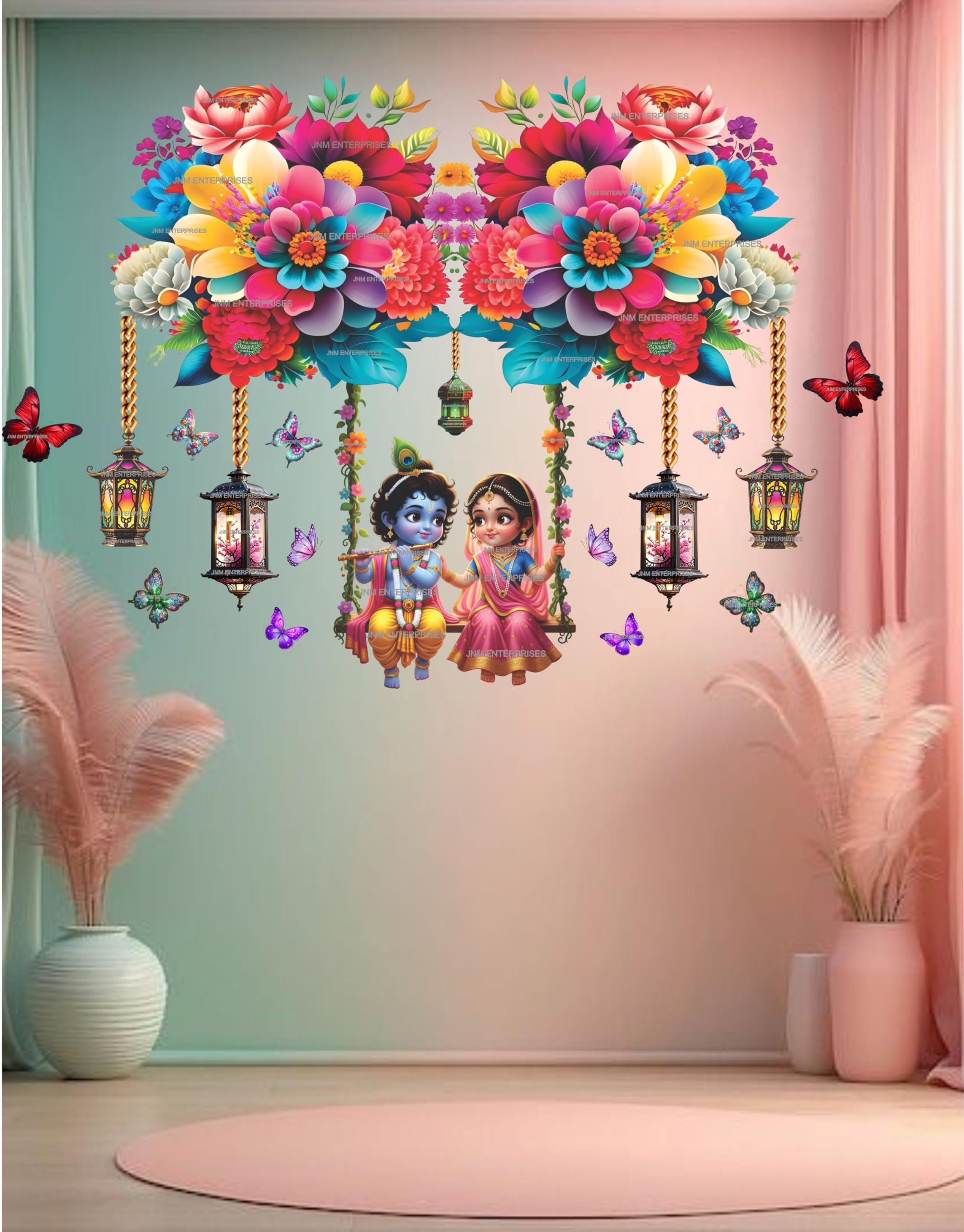 Krishna Radha Swing Wall Sticker for Living Room – 3D Floral Hanging Lantern Design, Removable PVC Vinyl Mural, Kids Room & Home Decoration Large Size-image-17