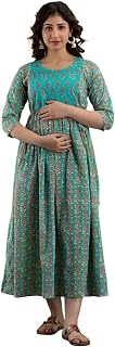 HRK Vemon Indian Women's Pure Cotton Printed Maternity Gown/Feeding Nighty A-line Dress Kurti for Women Price In India