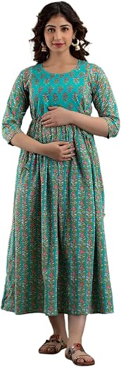 HRK Vemon Indian Women's Pure Cotton Printed Maternity Gown/Feeding Nighty A-line Dress Kurti for Women