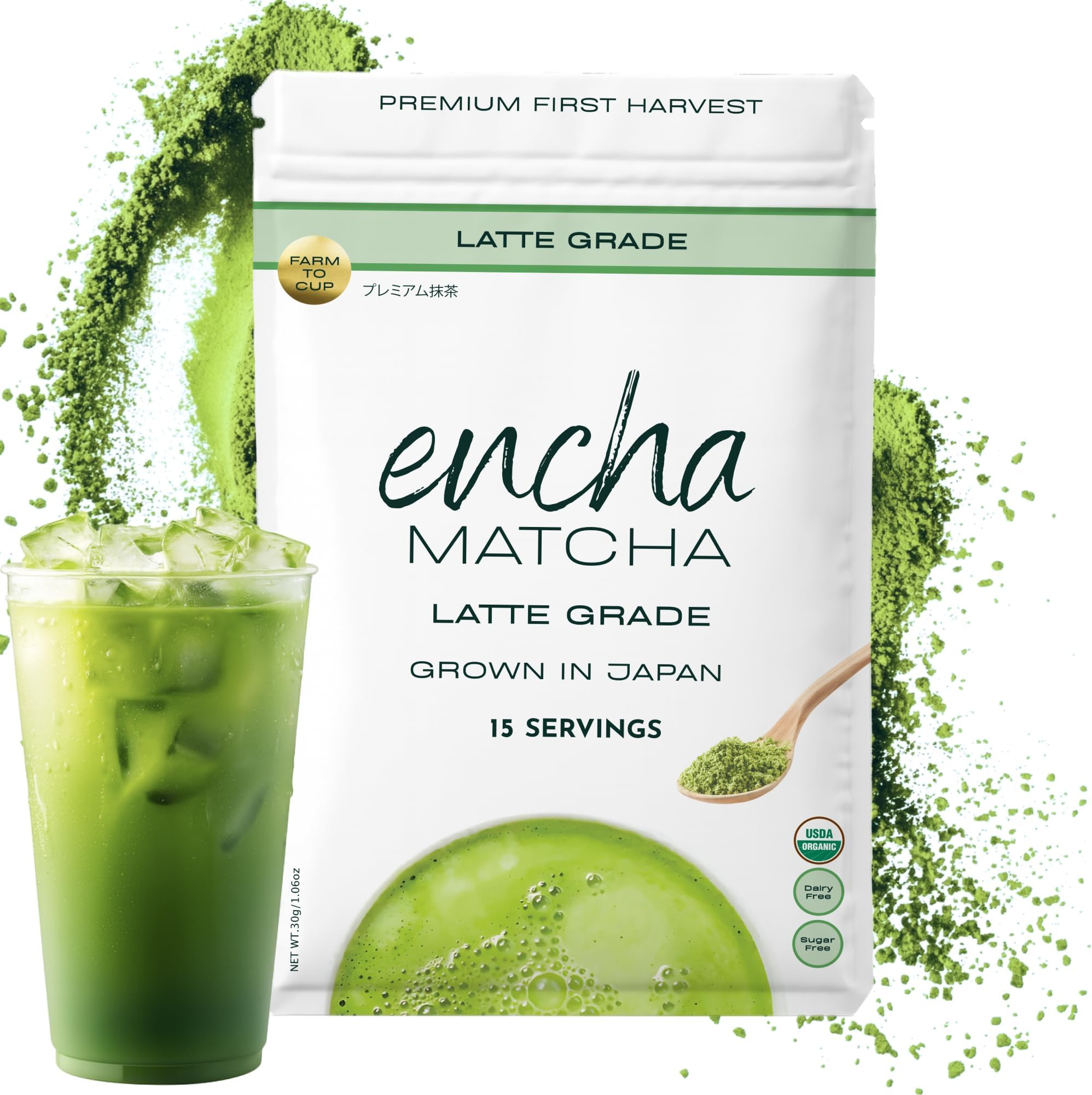 Encha Matcha - Latte Grade Matcha Powder - Unsweetened, First Harvest, Organic Green Tea Powder From Uji, Japan (30G/1.06 Ounce) Premium for Latte, Smoothie - Caffeine, L-Theanine