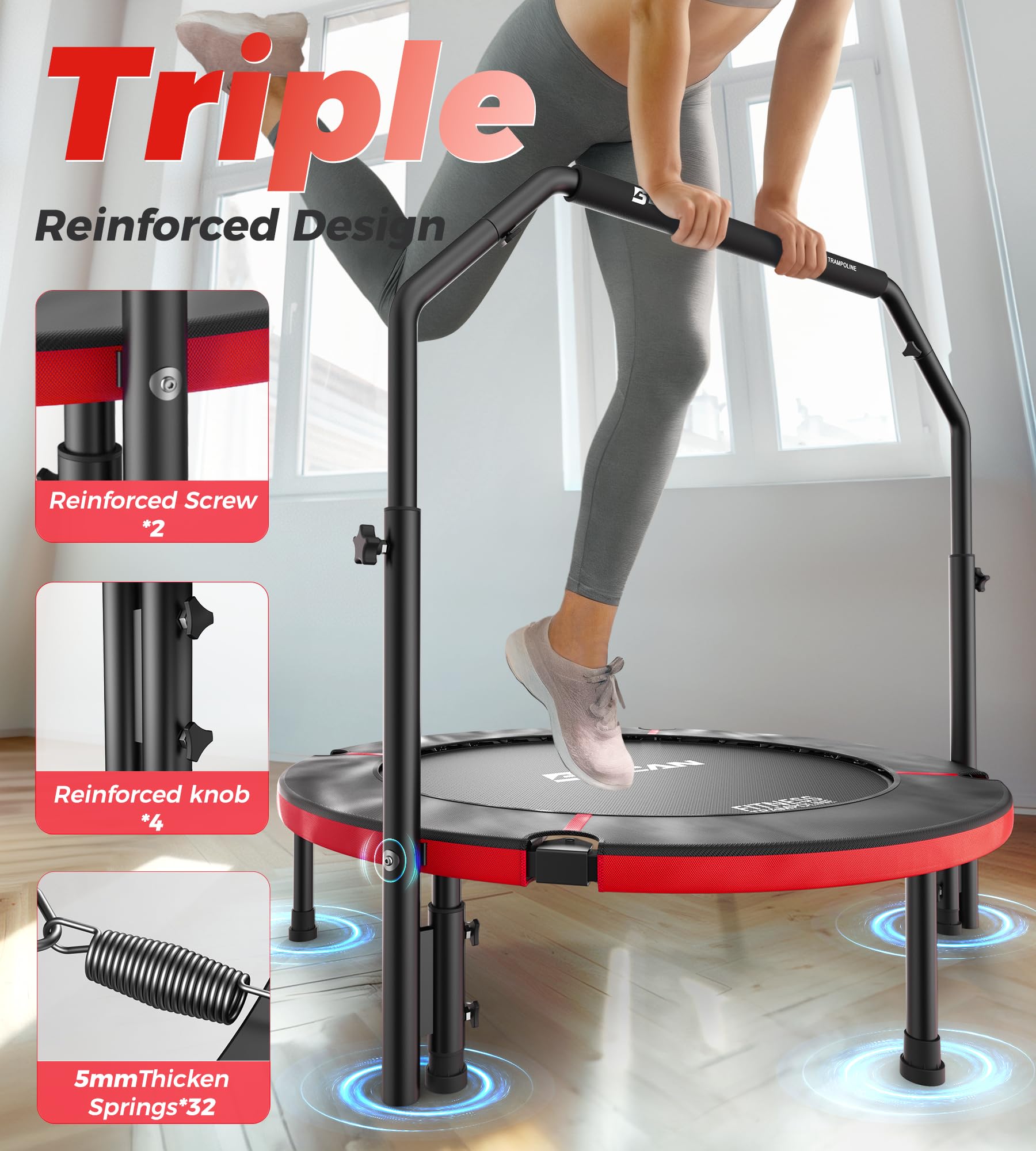 BCAN Trampolina do wnętrz, 102 cm Trampolina do skakania Fitness, składana, nośność 150 kg, wzmocniona sprężyna, regulowany uchwyt z wyściółką piankową, odpowiednia dla dorosłych i dzieci