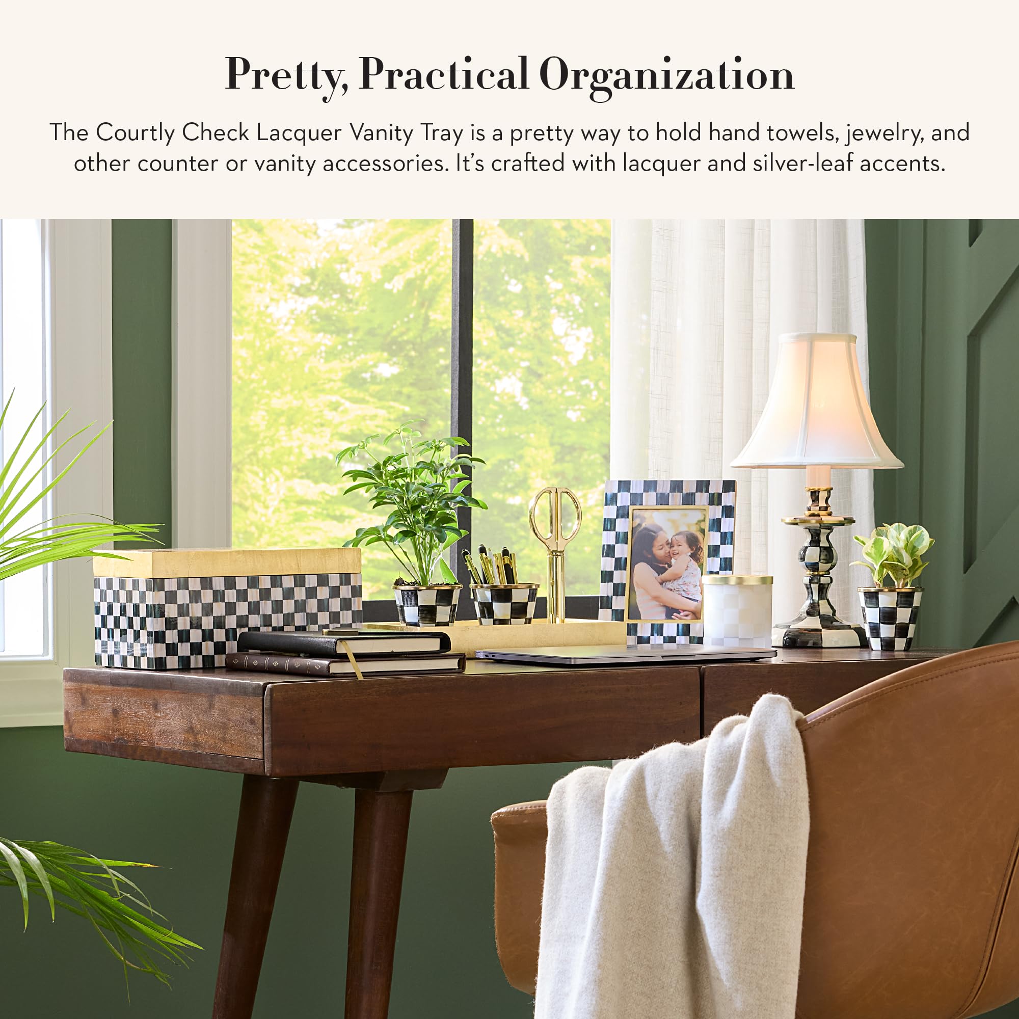 MACKENZIE-CHILDS Lacquer Vanity Tray with Handles, Rectangular Tray for Dresser and Home Decor, Black-and-White Courtly Check