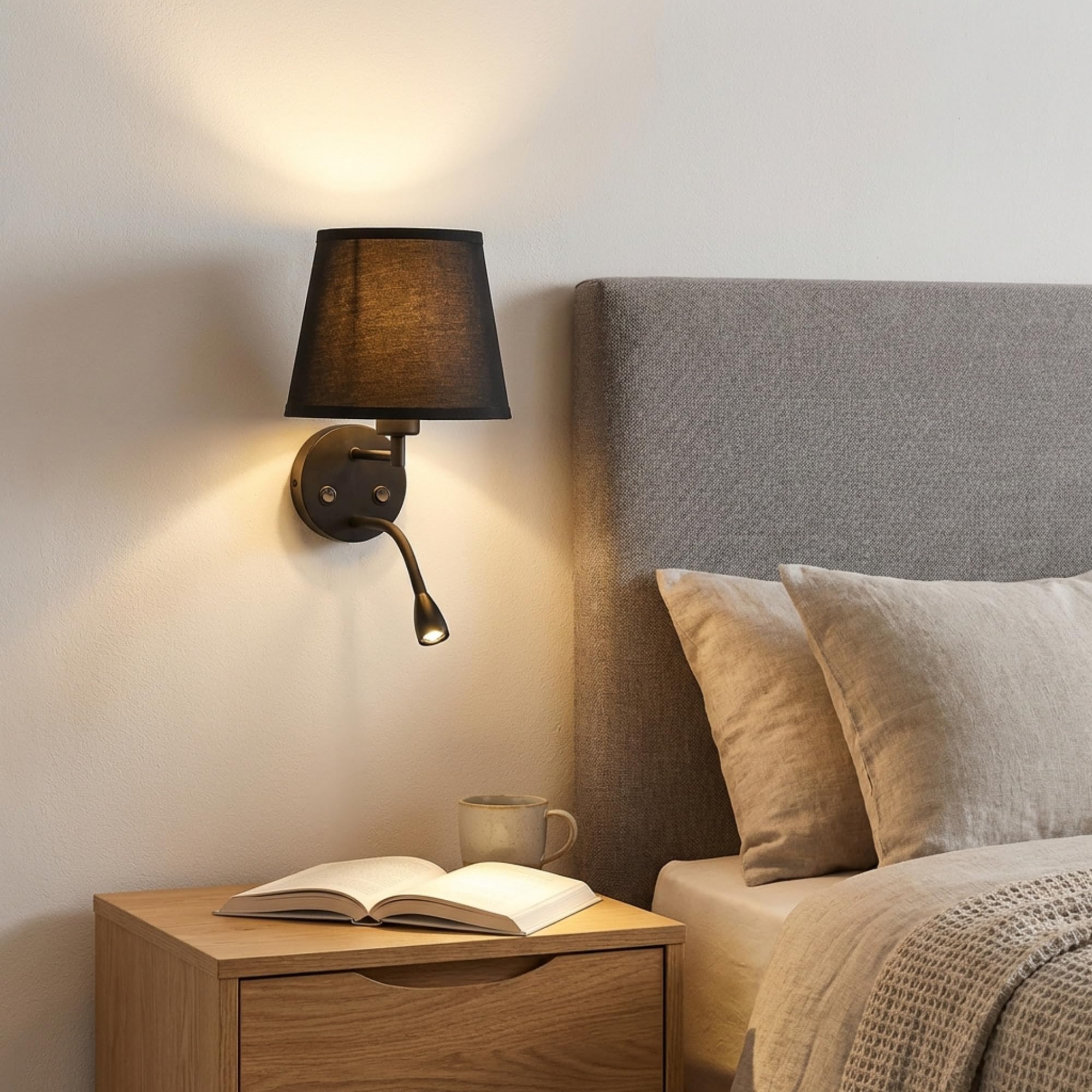 BarcelonaLED lampa ścienna LED E27 z Flexo lampka do czytania wychylna, elastyczna 3 W, tekstylny przełącznik do sypialni, zagłówka, łóżka, salonu