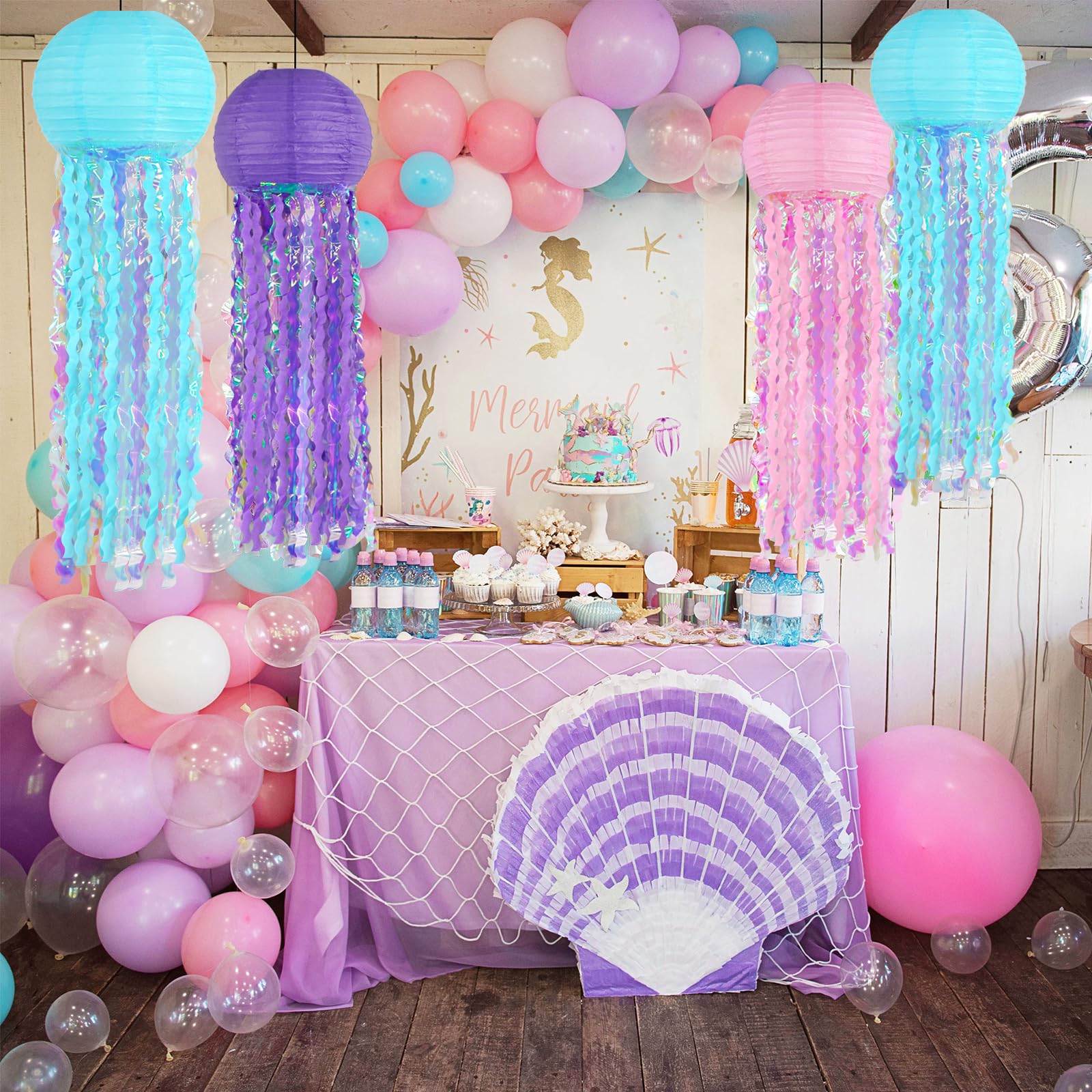 Jellyfish Paper Lanterns – Set Of 6 Pink Blue Purple Hanging Lanterns For Under The Sea Party, Mermaid, Ocean Theme, Birthday Decor, Easy Assembly - View #7