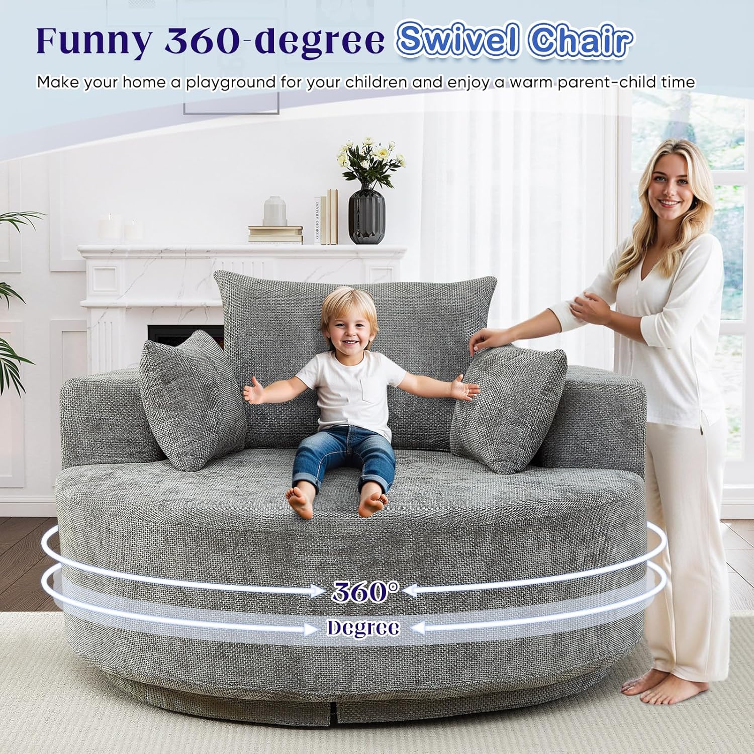 Oversized Round Swivel Chaise Longue Chair Indoor, Modern 55-inch 360 Degree Swivel Upholstered Waffle Chenille Deep Seat Circle Single Cloud Sofa Chair for Living Room Bedroom Apartment Office, Grey