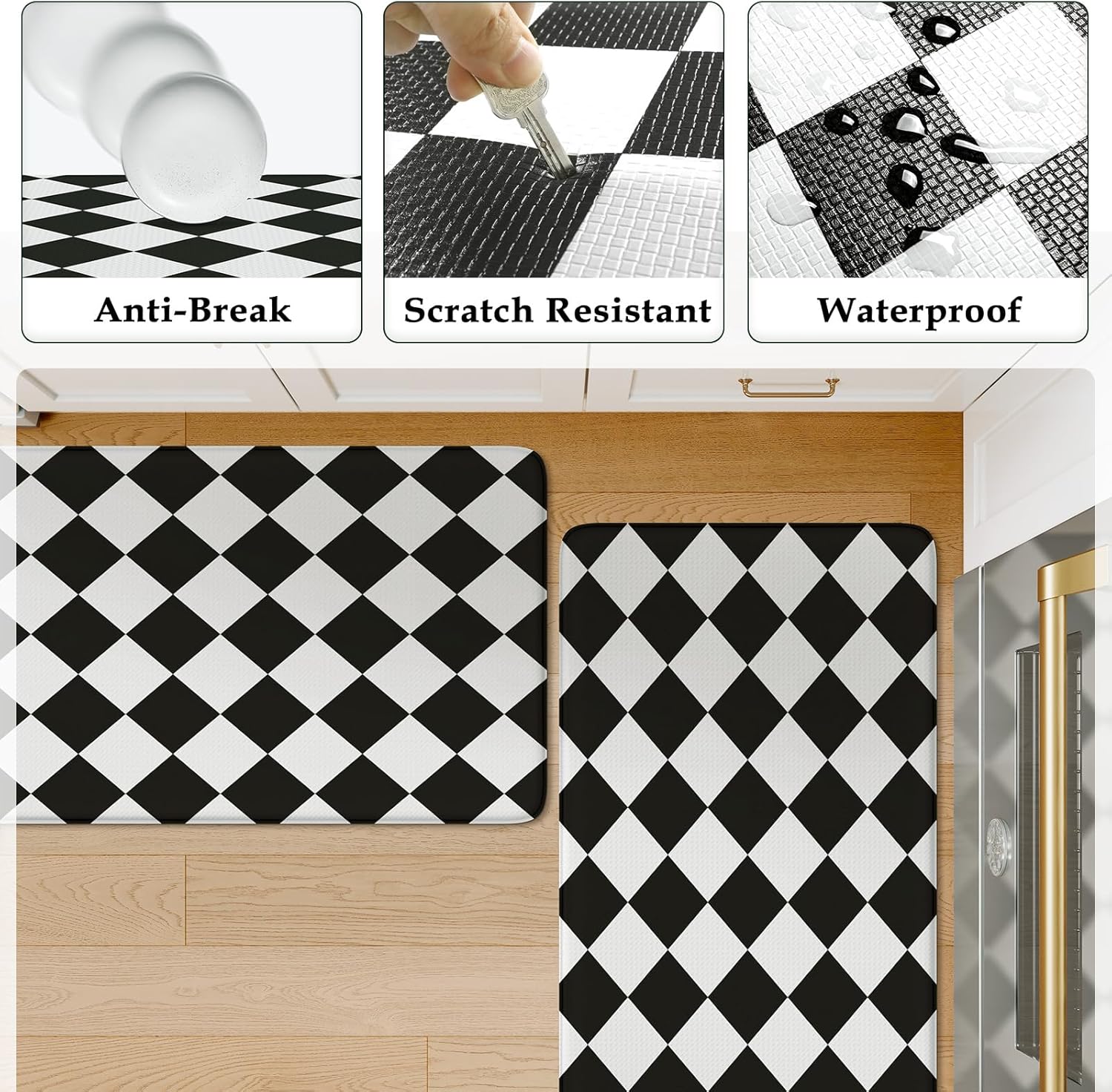 KIMODE Farmhouse Kitchen Rugs, Anti-Fatigue Kitchen Mats, Non-Slip, Cushioned Standing Mat, 17x47 17x29, Black Diamond Check