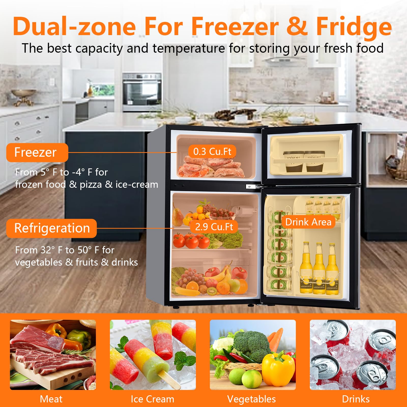 HobbyField 3.2 Cu.Ft Mini Fridge with Freezer – Double-Door Compact Refrigerator w/ 5-Temp Adjustable Thermostat | Ideal for Apartments, Dorms, Offices & Bedrooms