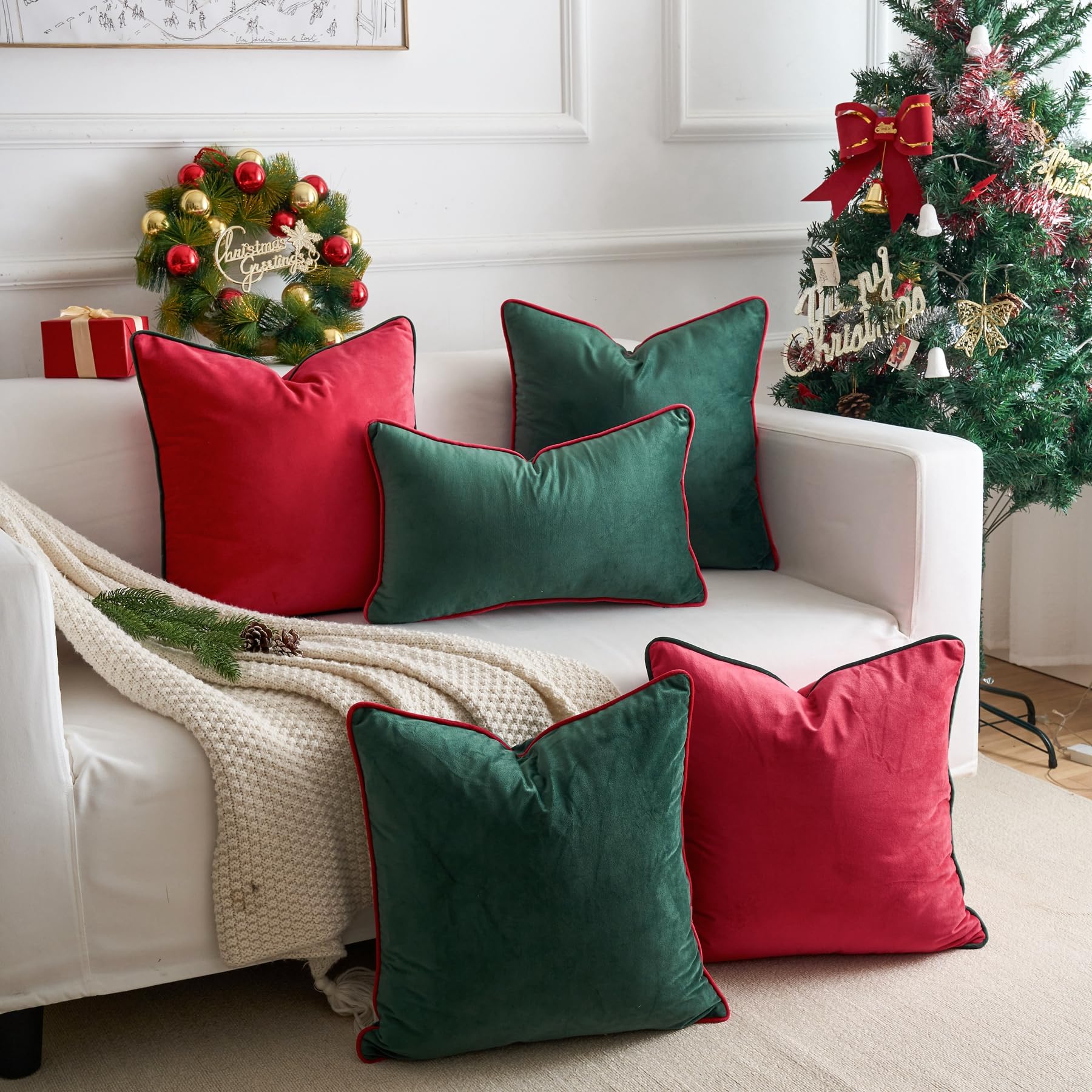 LIGICKY Set of 2 Dark Green Velvet Throw Pillow Covers Modern Minimalist Style Solid Decorative Red Rope Edging Soft Square Cushion Cases for Sofa Bedroom Party Christmas Décor - Image 4