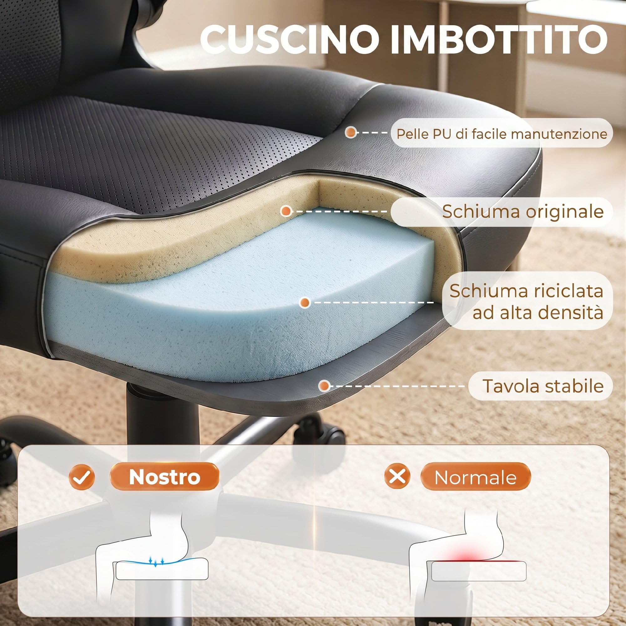 HOMCOM Sedia da Ufficio Ergonomica, Braccioli Ribaltabili Imbottiti, Nero | Schienale Curvato Alto Traspirante, Sedia Scrivania Imbottita Girevole in Pelle PU, Funzione Dondolo, Altezza Regolabile