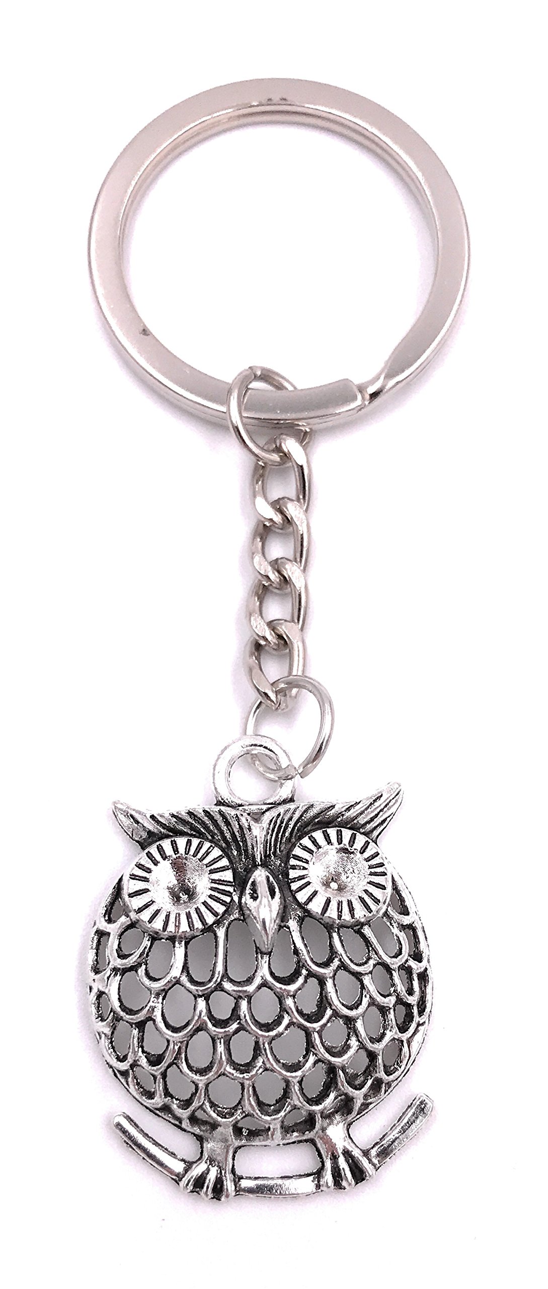 H-Customs Eule Owl Round Key Ring Pendant Silver Metal