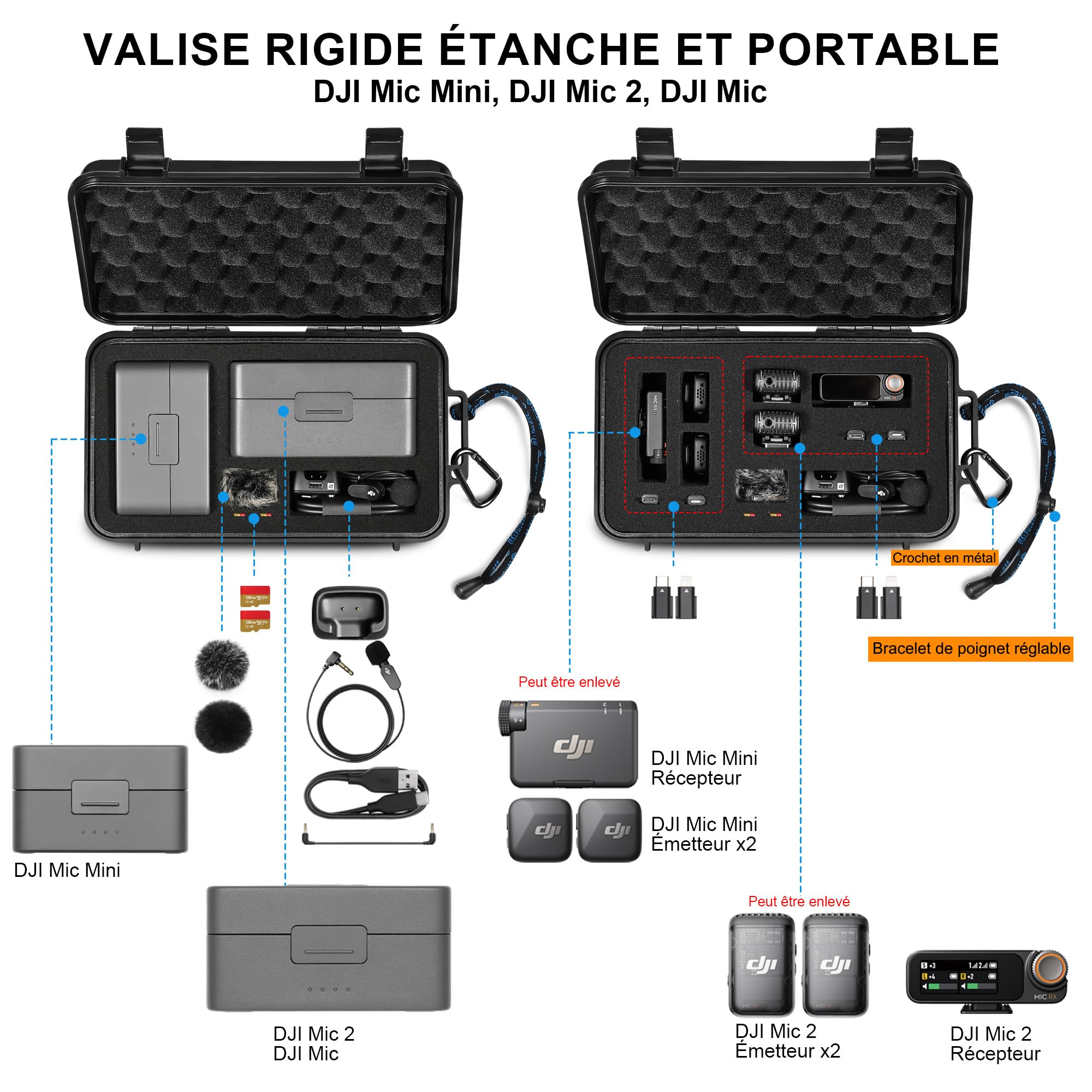 LEKUFEE étui Rigide Étanche de Voyage pour DJI Mic 3,Mic Mini 2,Mic 2, Mic Mini, Boîtier de Charge, Émetteur, Récepteur, Micro-Cravate et Autres Accessoires (étui Seulement)