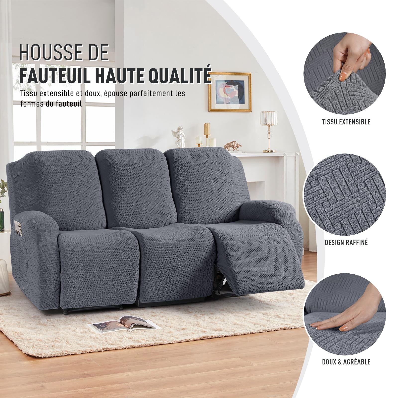 KinCam Housse de Fauteuil Extensible en Jacquard, Housse de Fauteuil Relax avec Poche, Housse Fauteuil Relax pour Chiens et Chats, Douce et Lavable Housse canapé Relax 3 Places Gris foncé