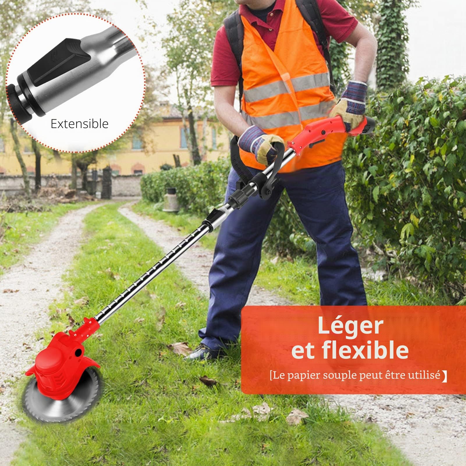 Désherbeur électrique sans Fil 12 V avec 2 Batteries et Chargeur, Manche télescopique avec Lames Rondes et métalliques, Coupe-Herbe électrique léger pour pelouse et Jardin (Rouge)