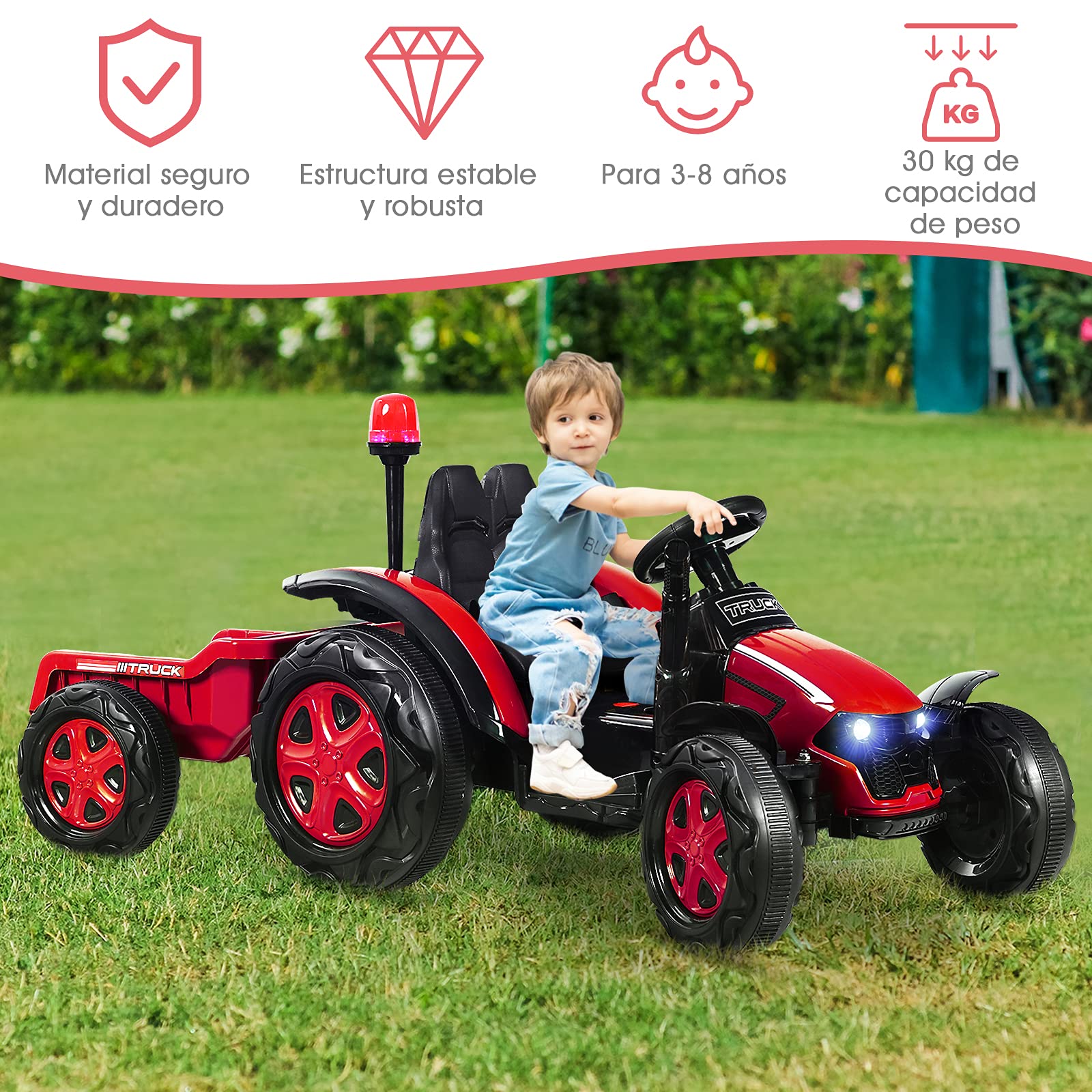 COSTWAY Tractor Eléctrico 12V 7AH para Niños con Remolque, Juguete 3-8 años, Mando 2,4G, Arnés Seguridad 2 Puntos, Faros, Música, USB (Rojo)